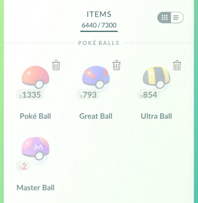 Poké Balls section in player inventory in Pokémon GO