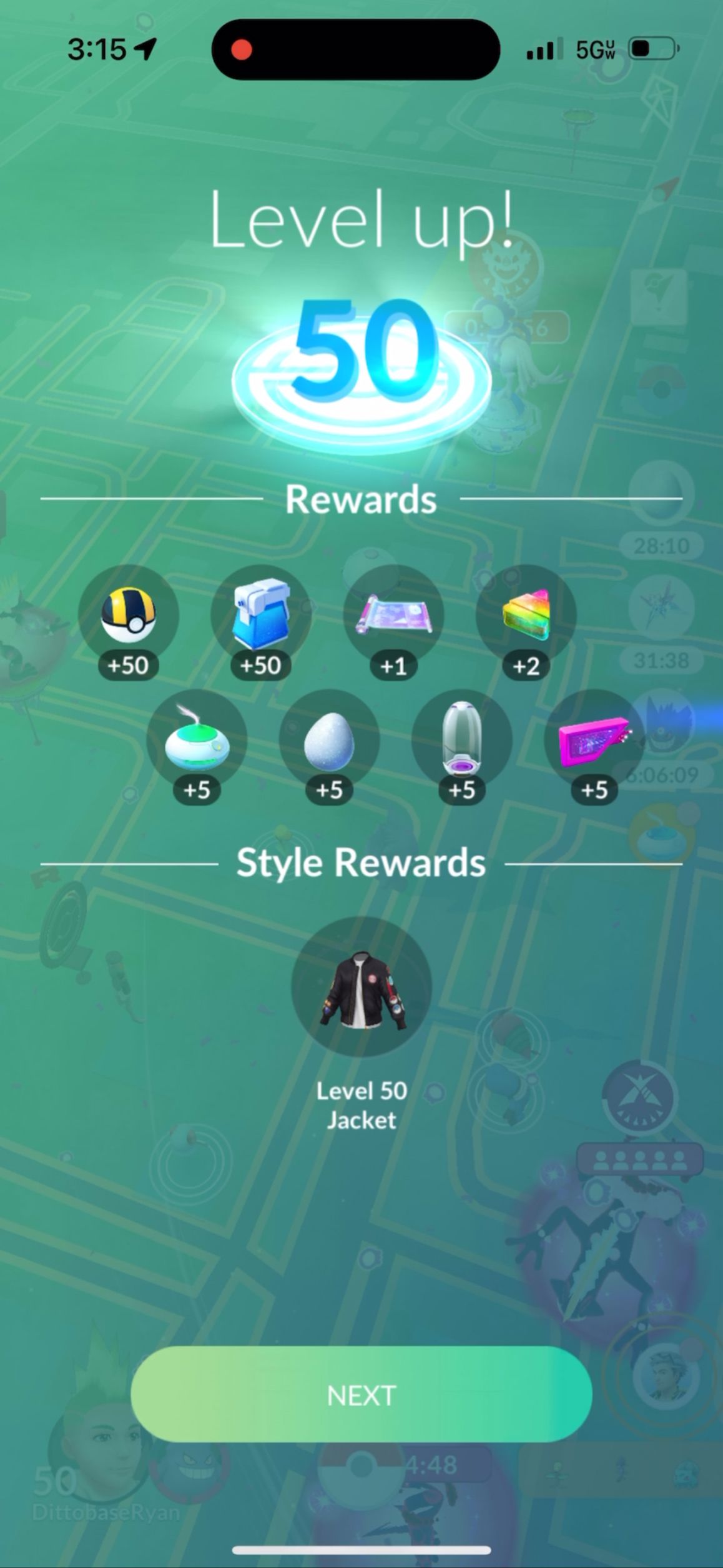 Level 50 level up rewards in Pokémon GO