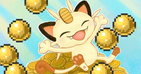 Illustrated Meowth cheering on a pile of gold coins, surrounded by pixel-art Nuggets