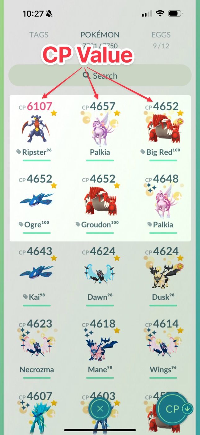 Combat Power (CP) values on the Pokémon Storage screen.