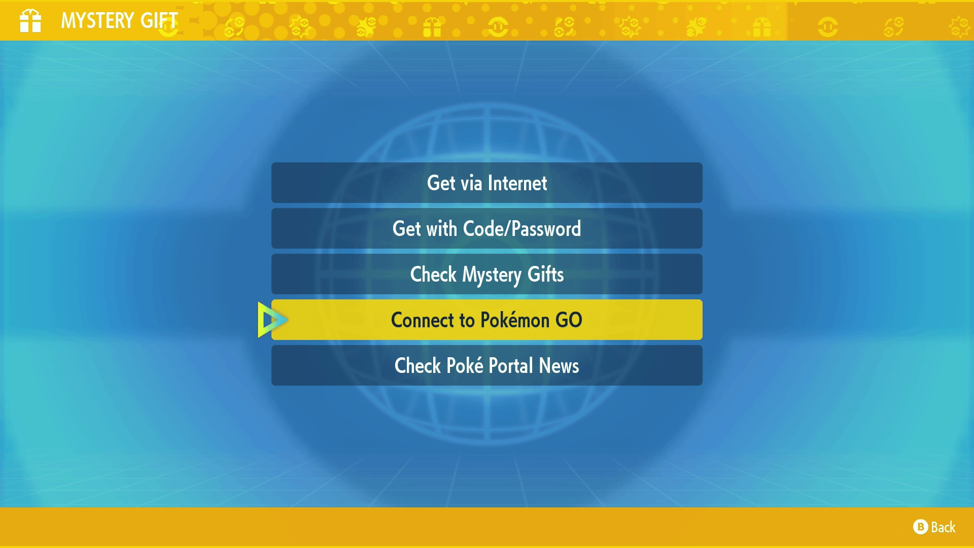 Select "Connect to Pokémon GO" from the Pokémon Scarlet and Violet Myster Gift menu
