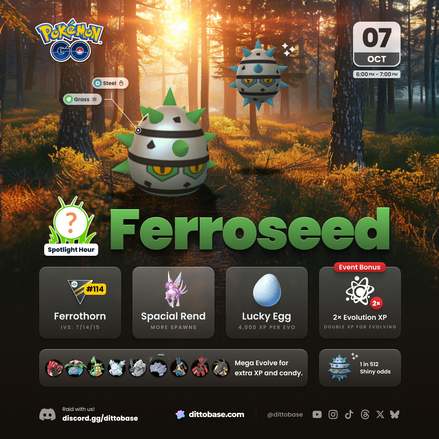 Ferroseed Spotlight Hour in Pokémon GO on October 7th, 2025 from 2-5 pm local time.