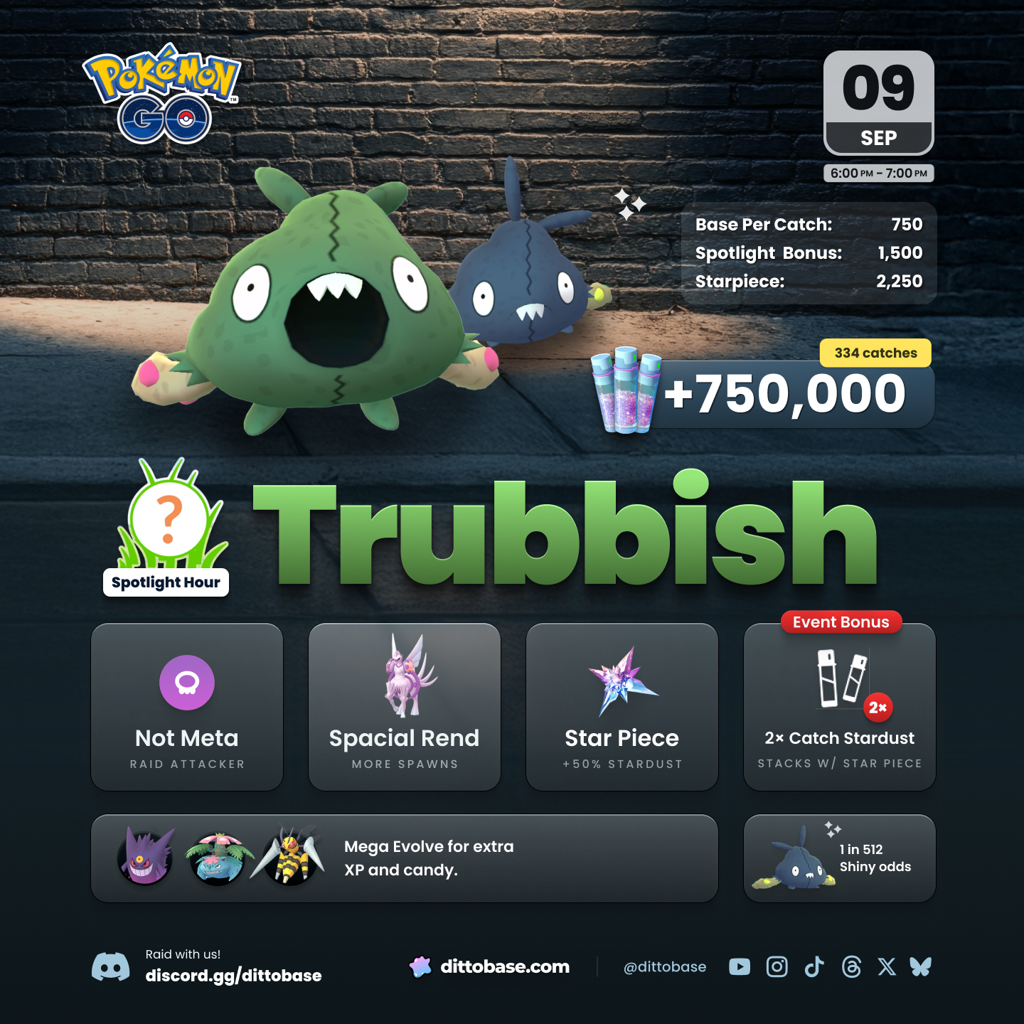 Trubbish Spotlight Hour with 2x Catch Stardust on Tuesday, September 9th, 2025