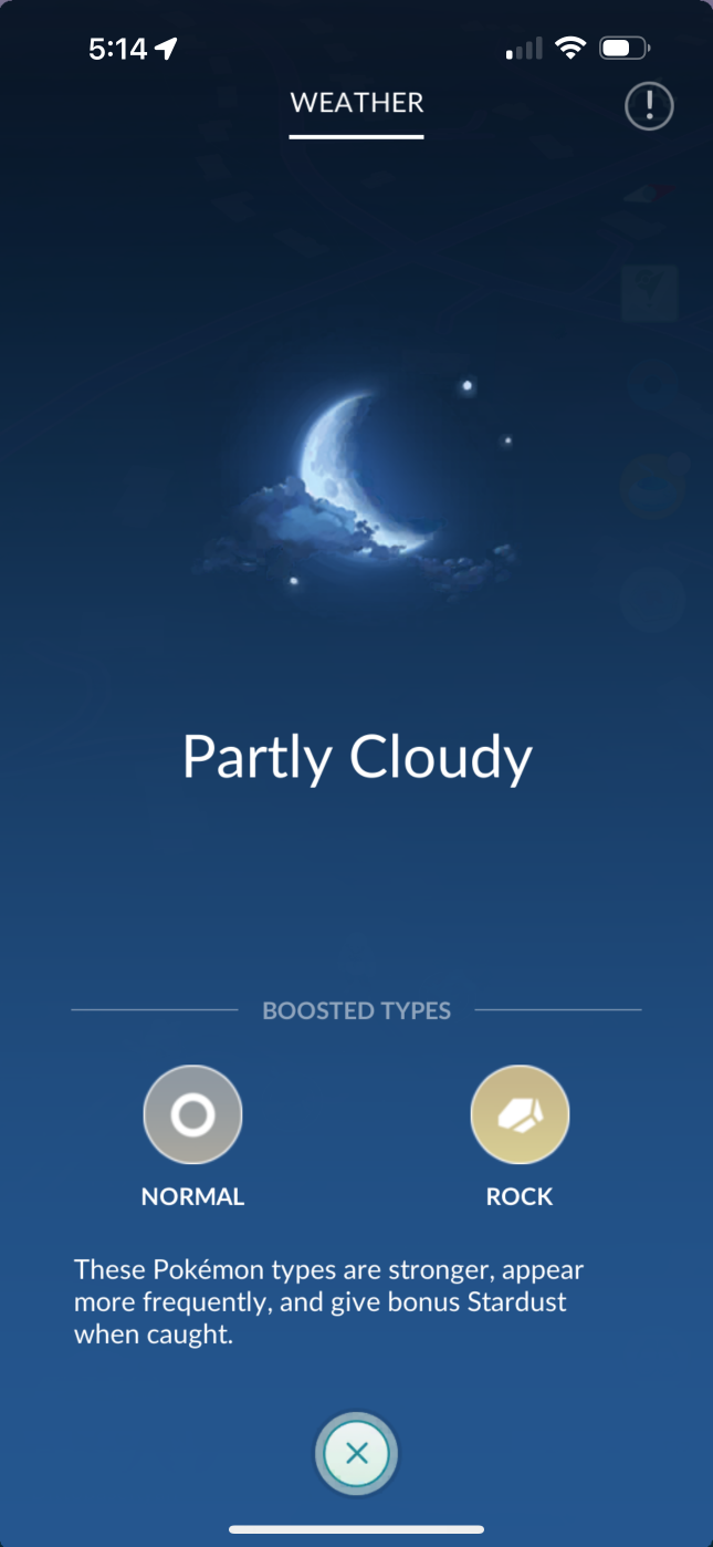 Partly Cloudy weather Pokémon GO in-game screenshot with a moon and clouds.