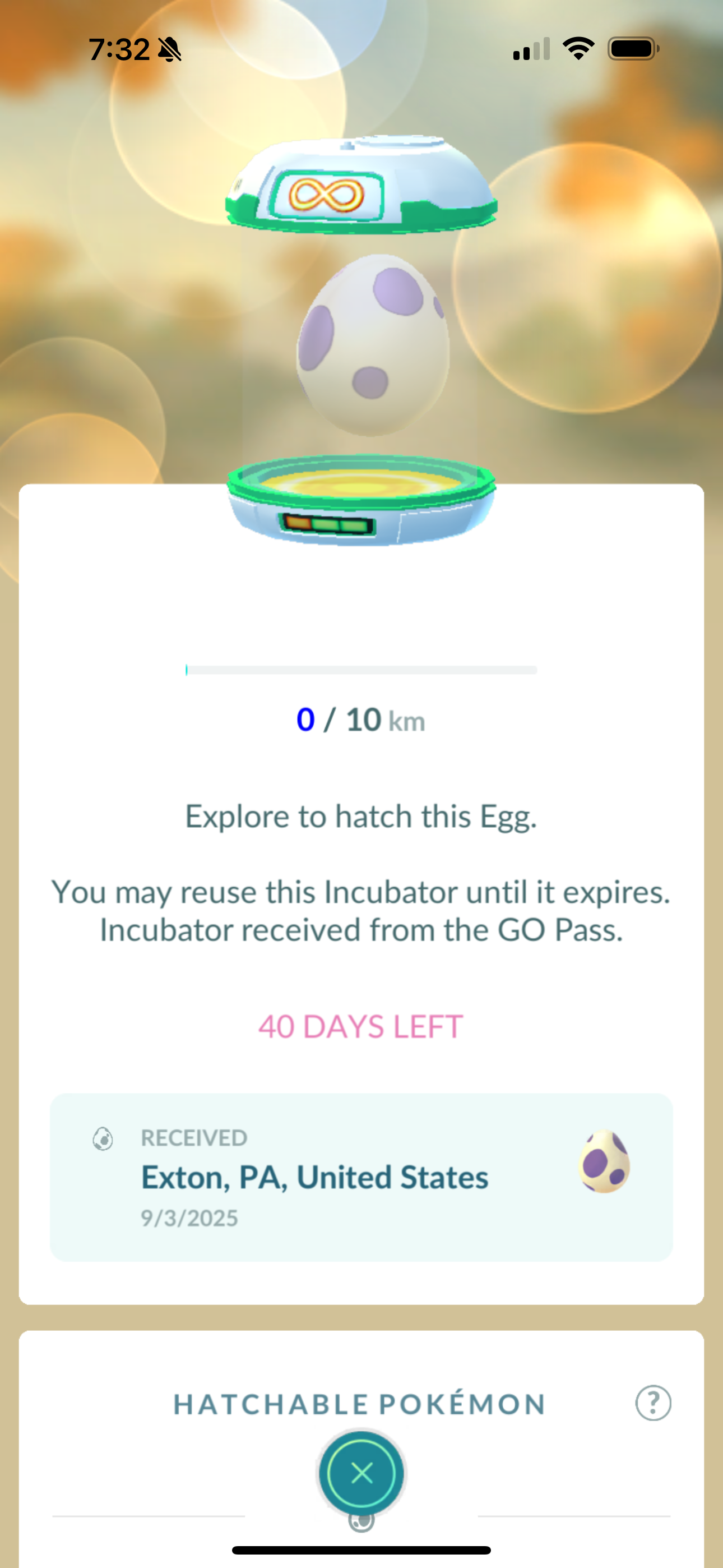 Clicking on the Timed Incubator reveals details such as remaining kilometers walked need to hatch the egg and number of days left before the Timed Incuabtor expires.