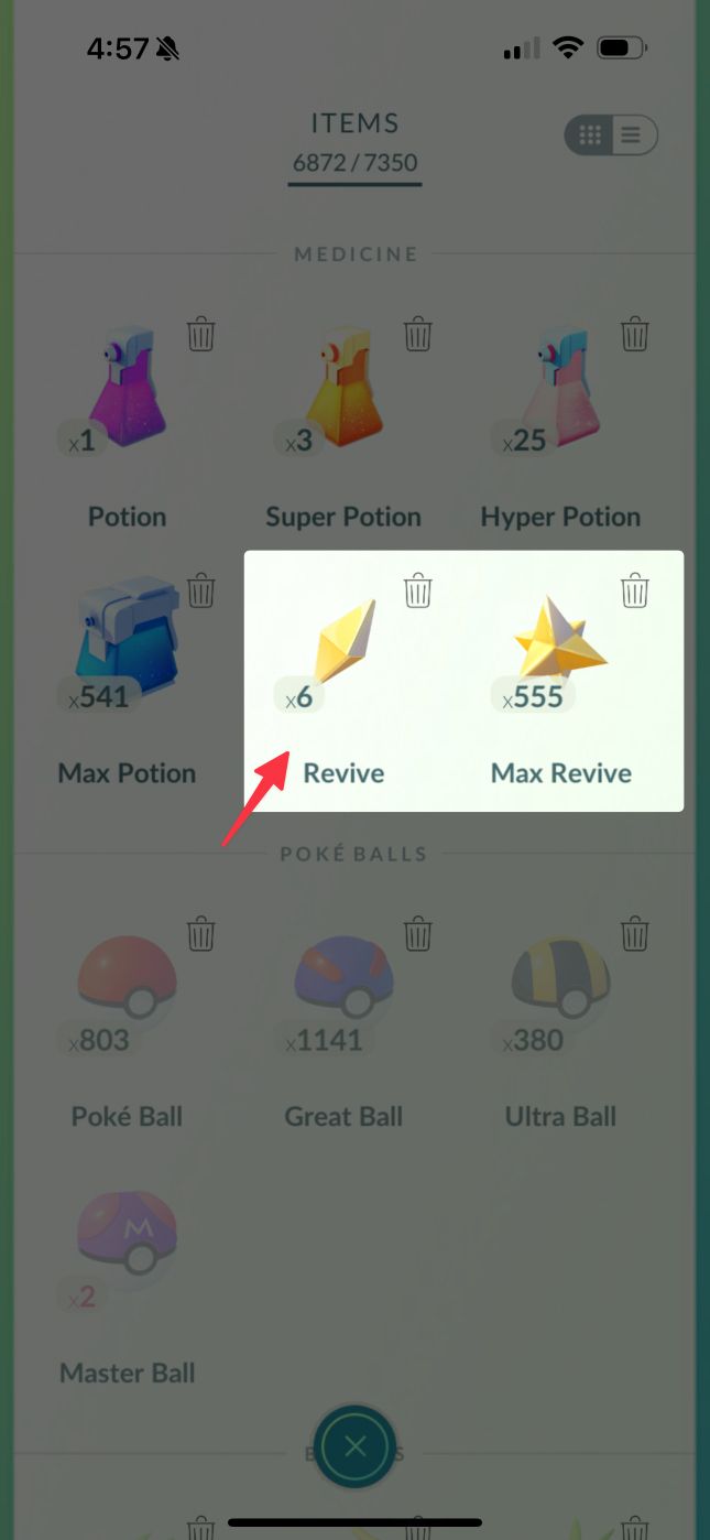 Revives in the item inventory.