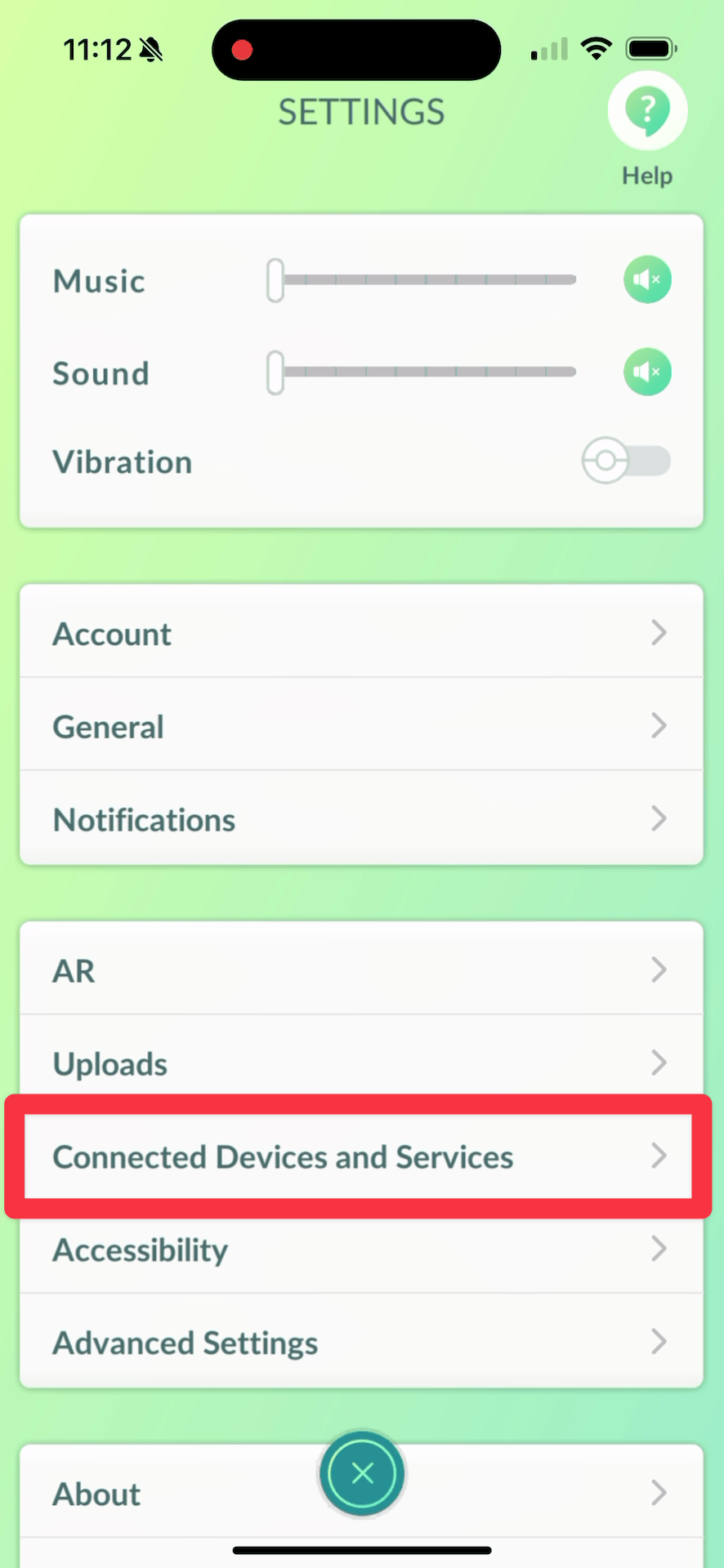 Tap "Connected Devices and Services" in the Pokémon GO settings menu
