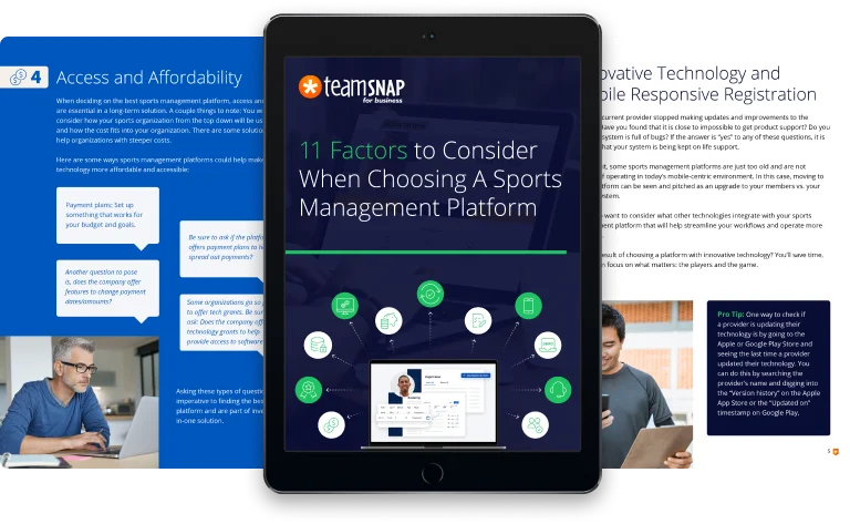 Cover 11 Factors to Consider When Choosing A Sports Management PLatform Ebook TeamSnap for Business