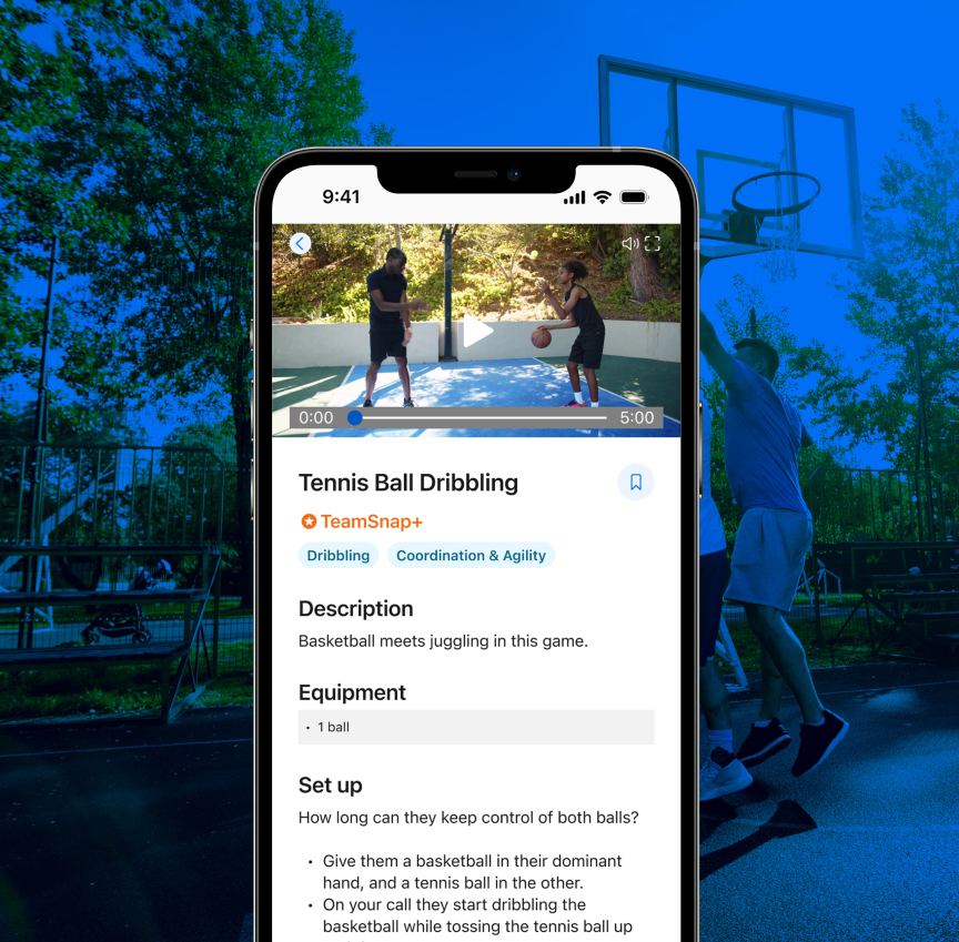 In-app screen previews, featuring basketball drills and how users can sync features to their calendar