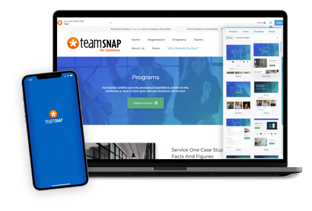 TeamSnap App on an iphone and Website Builder screen on a laptop