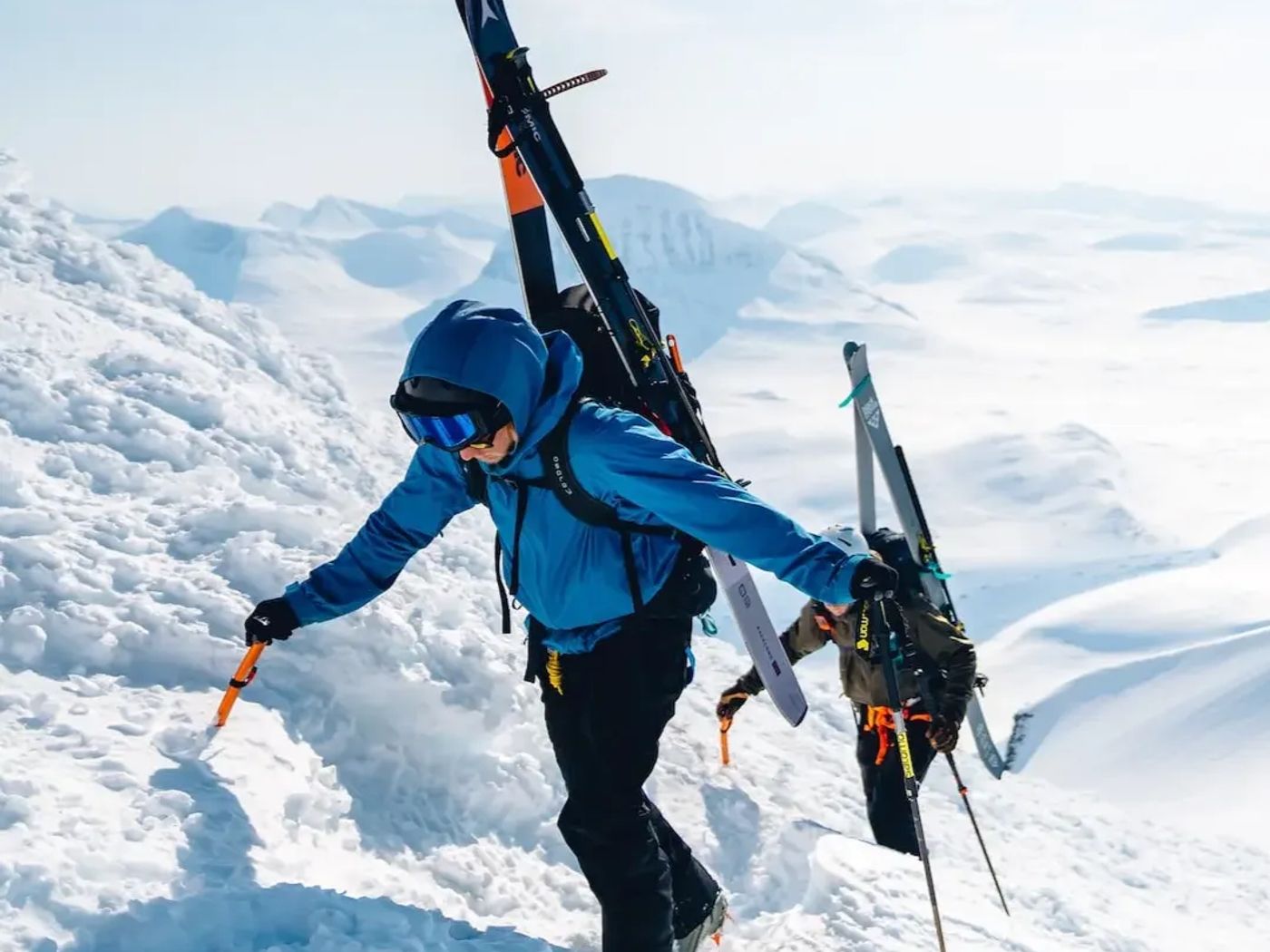 Hiking up using axe to balance