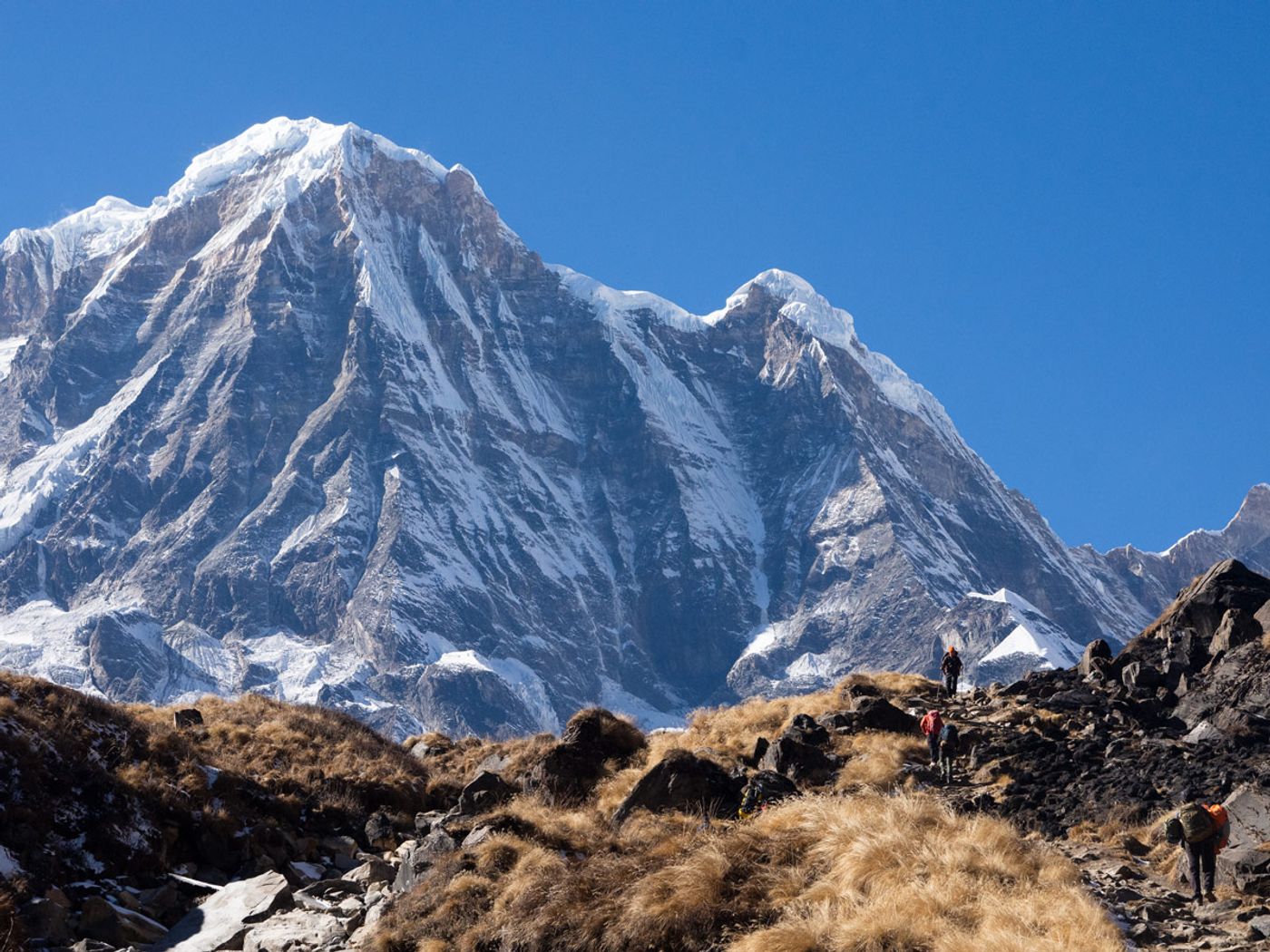 people trekking view of mountain