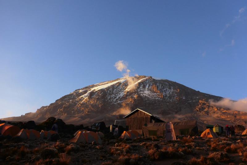 view of the summit of kilimanjaro from a camp