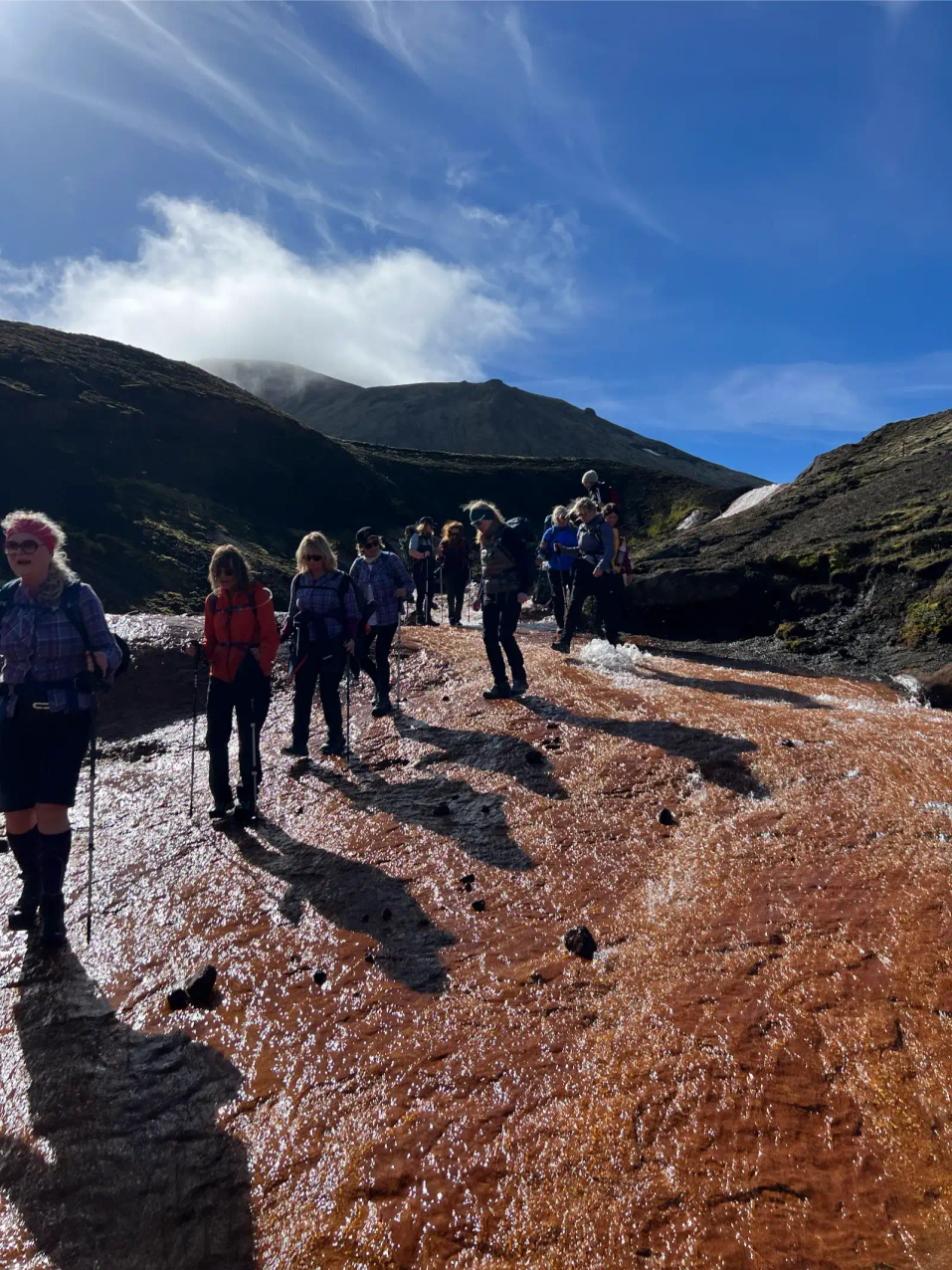 Hiking group traversing volcanic landscape in the Icelandic Highlands