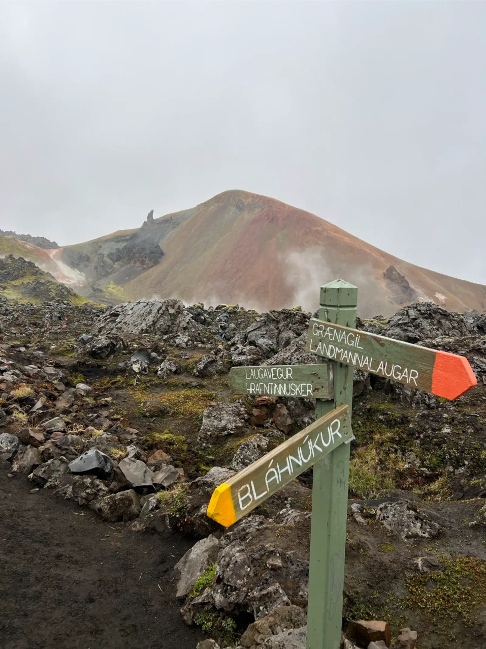 Hiking trails winding through colorful volcanic landscape