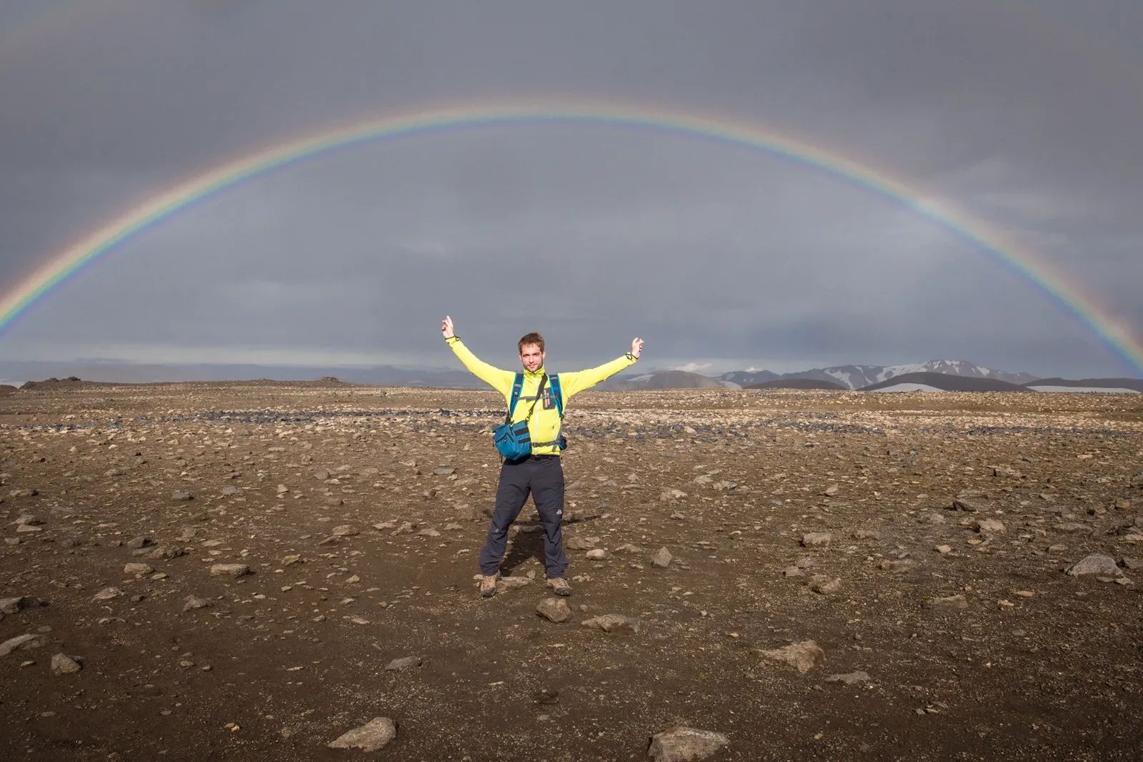 Laugavegur - group hiker under rainbow