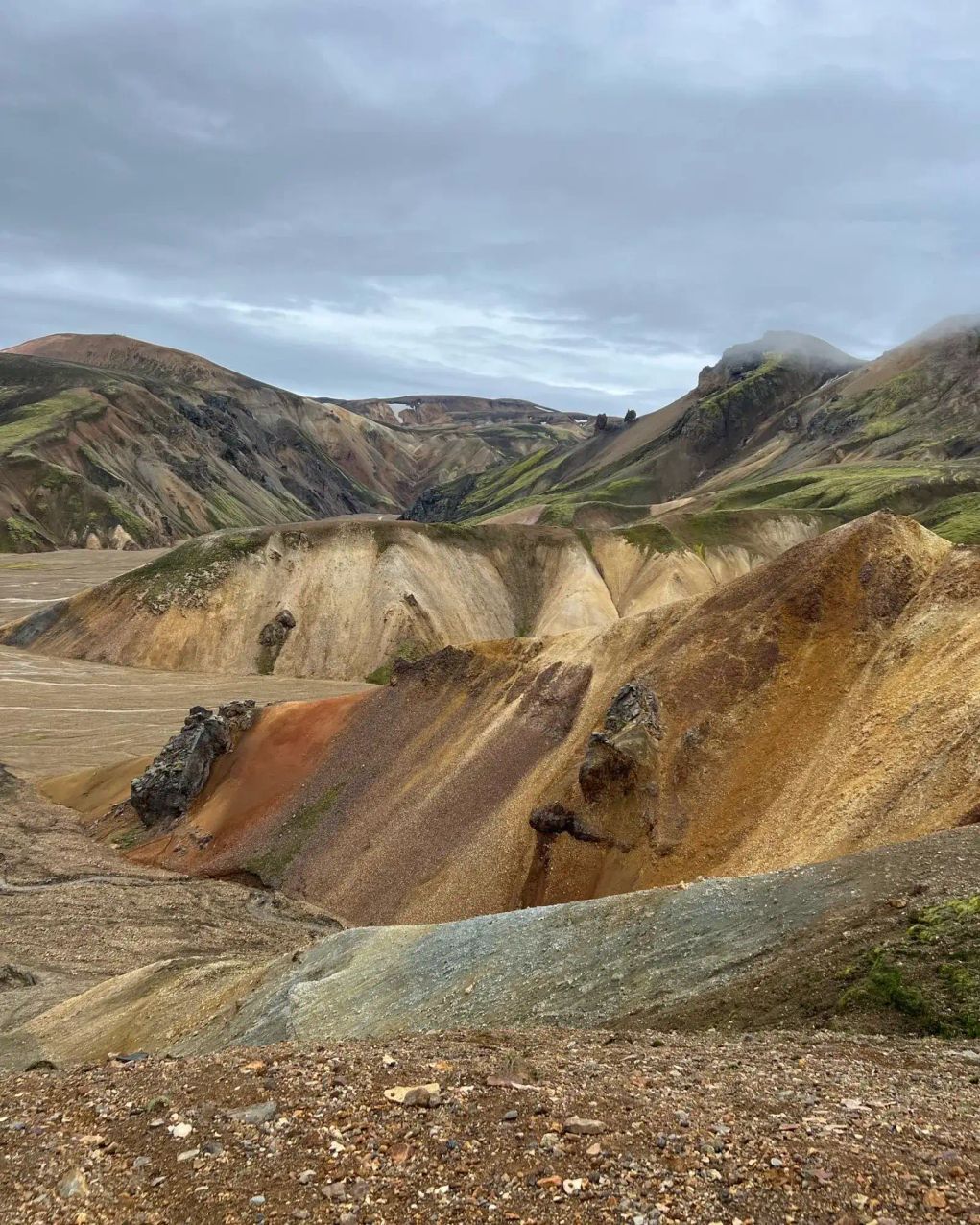 Vibrant rhyolite mountains with multicolored mineral deposits in Fjallabak