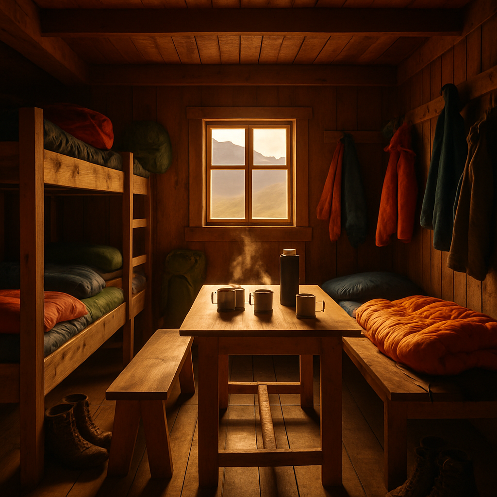 Warm and inviting mountain hut interior with bunks, camping gear, and communal gathering space