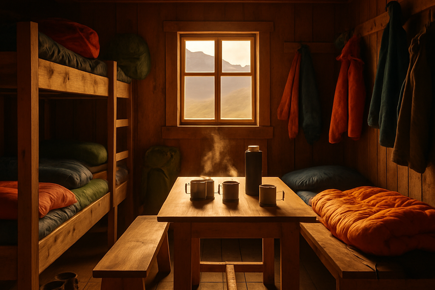 Warm and inviting mountain hut interior with bunks, camping gear, and communal gathering space