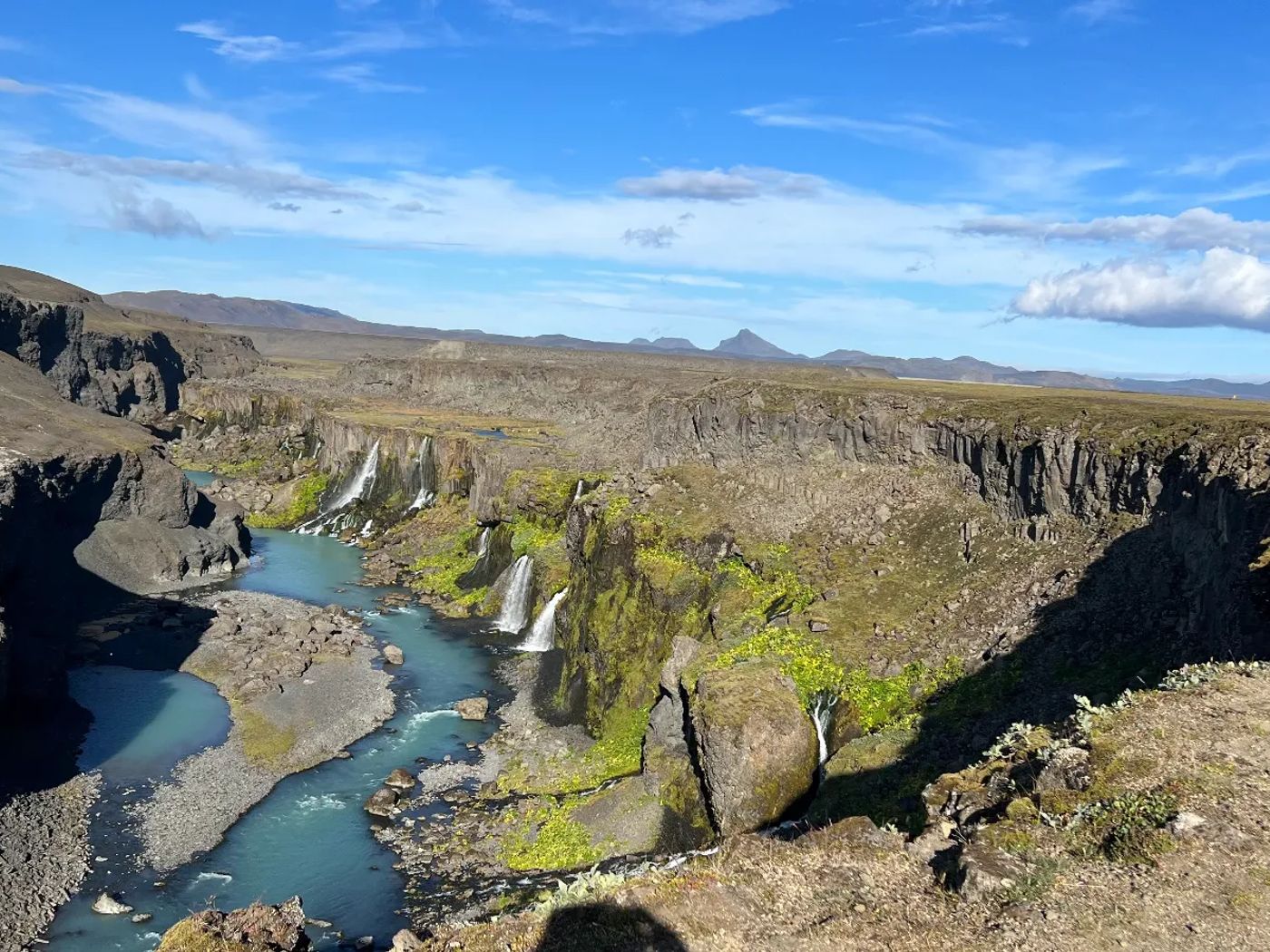 Dramatic highland canyon with cascading waterfalls in the Fjallabak Nature Reserve