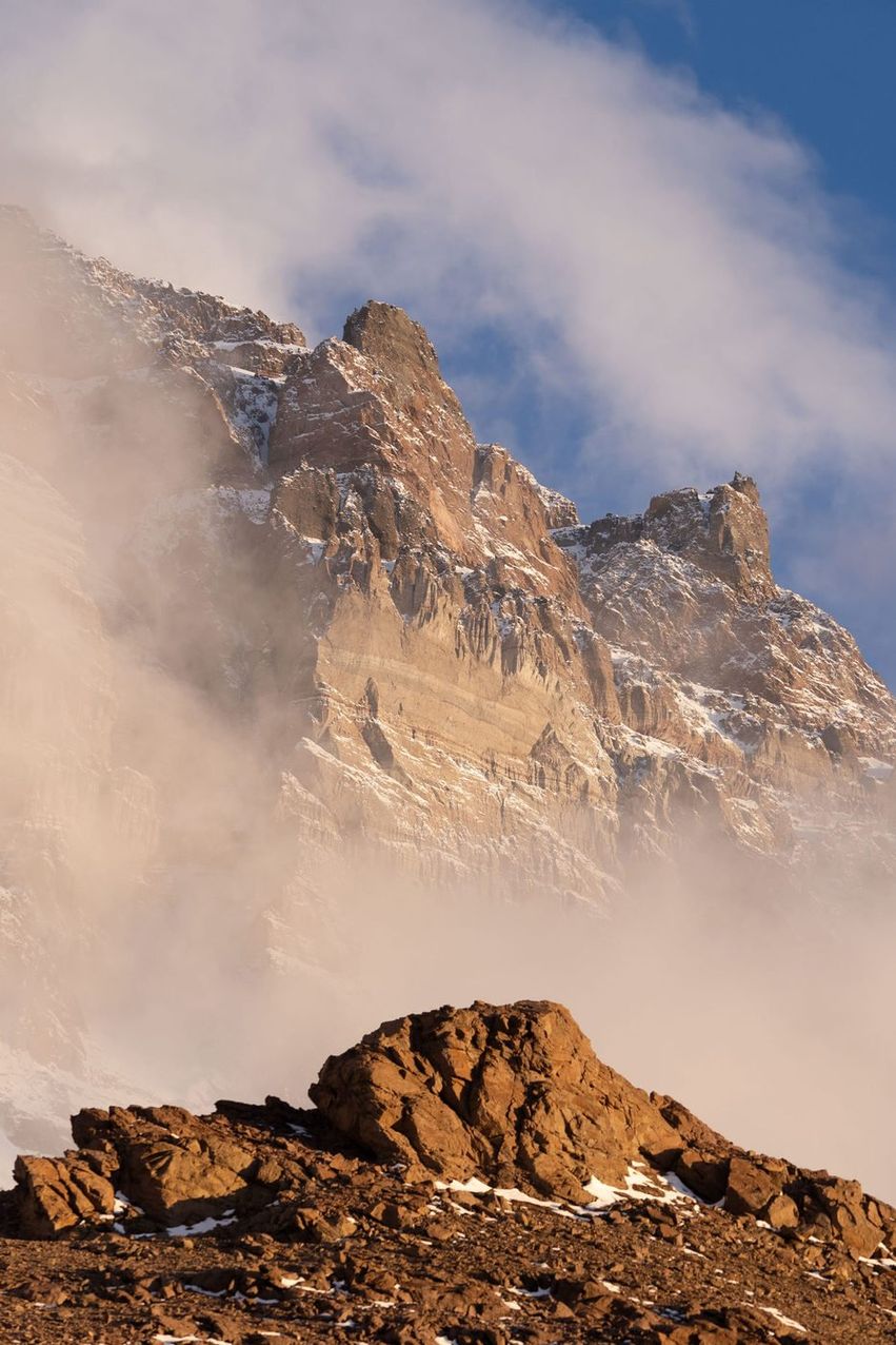 Aconcagua mountain peak on a cloudy day