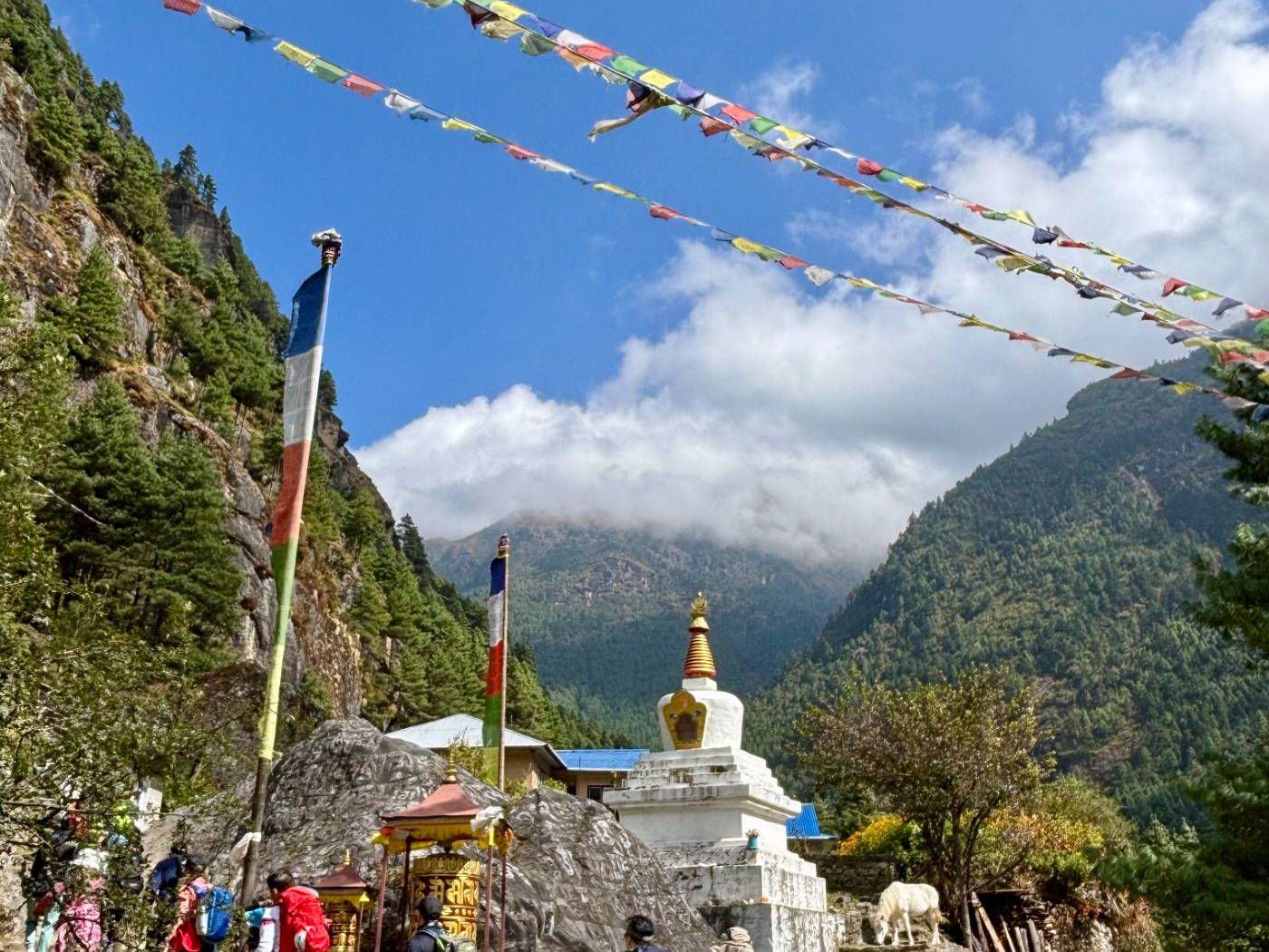Hikers trekking in to village with pray flags