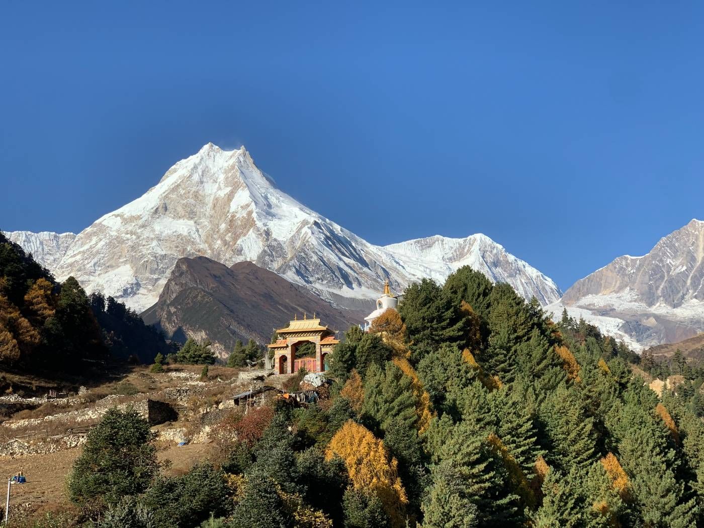 Forest temple and stone walls on the Manaslu Circuit route
