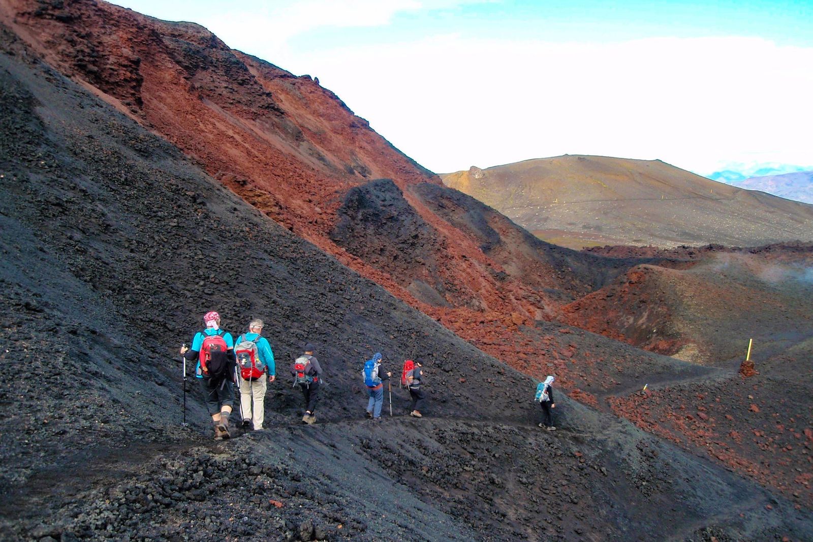 Thorsmork - group-hiking-black-lava-ash-trail-fimmvorduhals