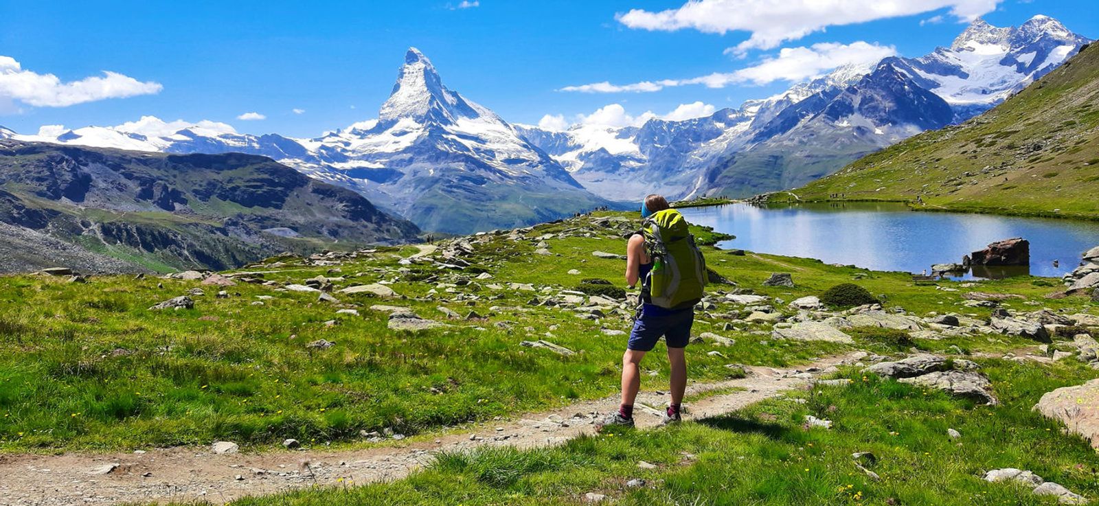 Matterhorn reflected in crystal-clear alpine lake on the Five Lakes Trail
