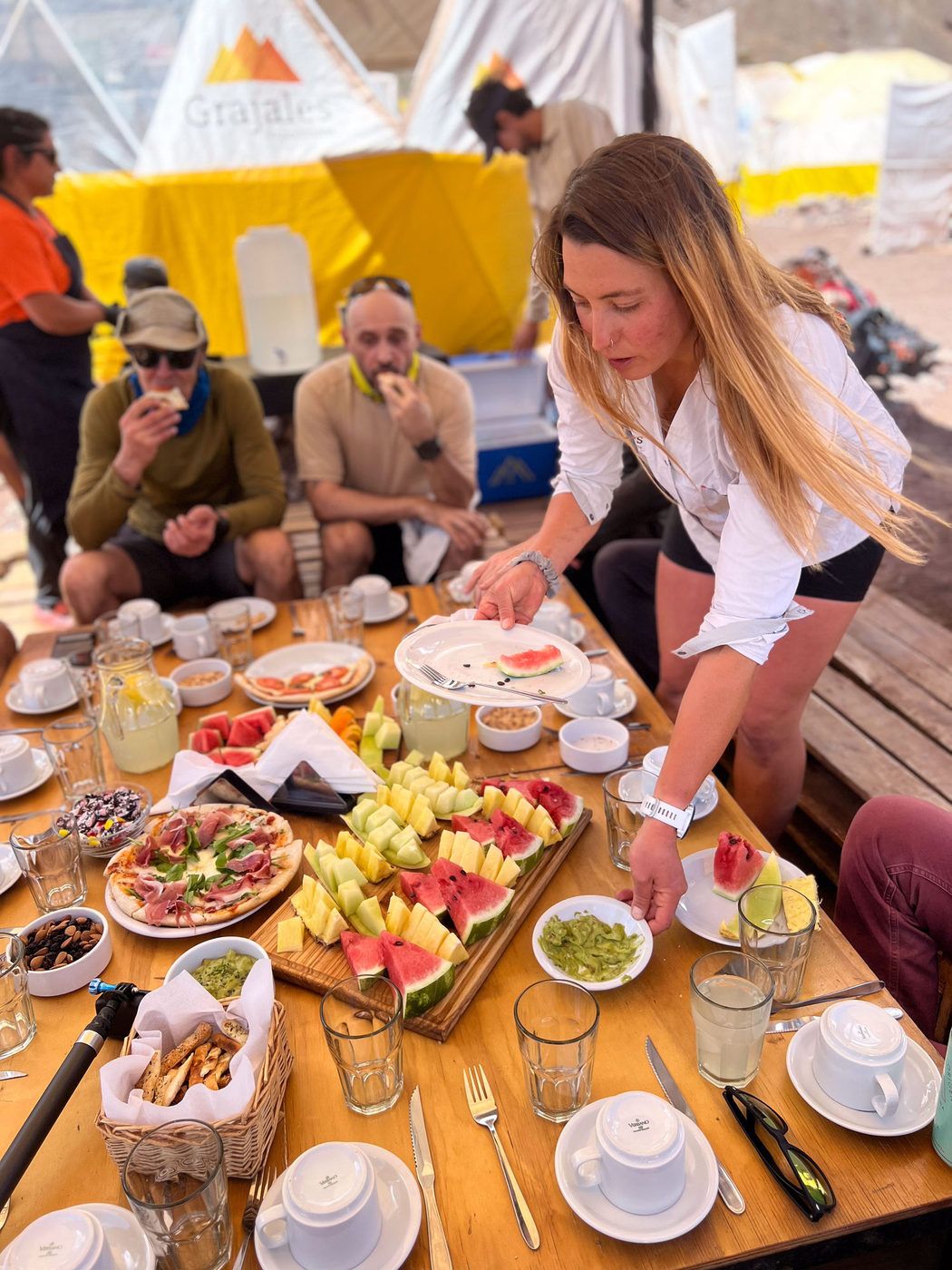 Breakfast spread with fresh fruit at Aconcagua base camp