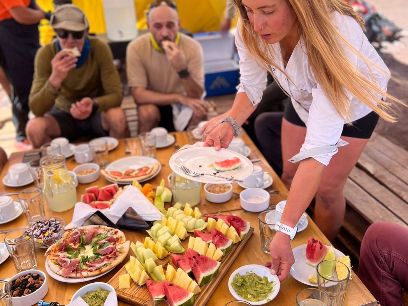 Breakfast spread with fresh fruit at Aconcagua base camp