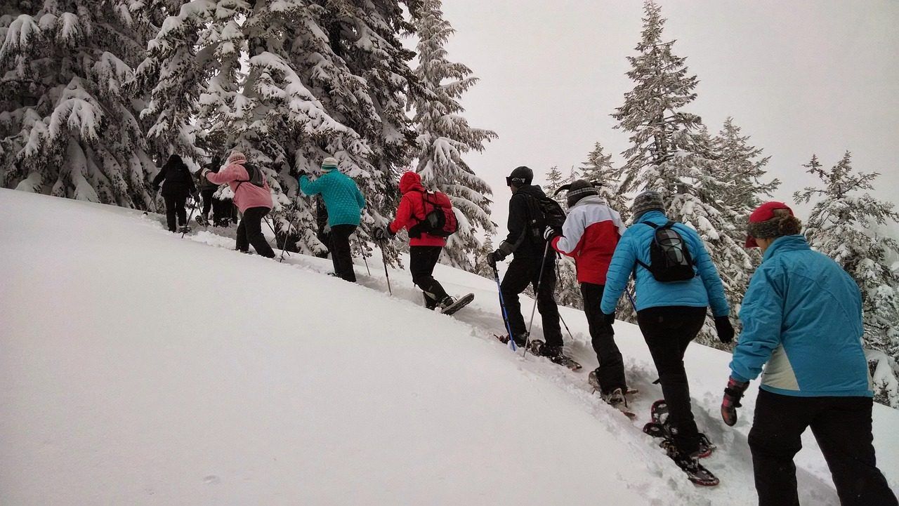 Beginners snowshoeing through the snowy Swiss Alps