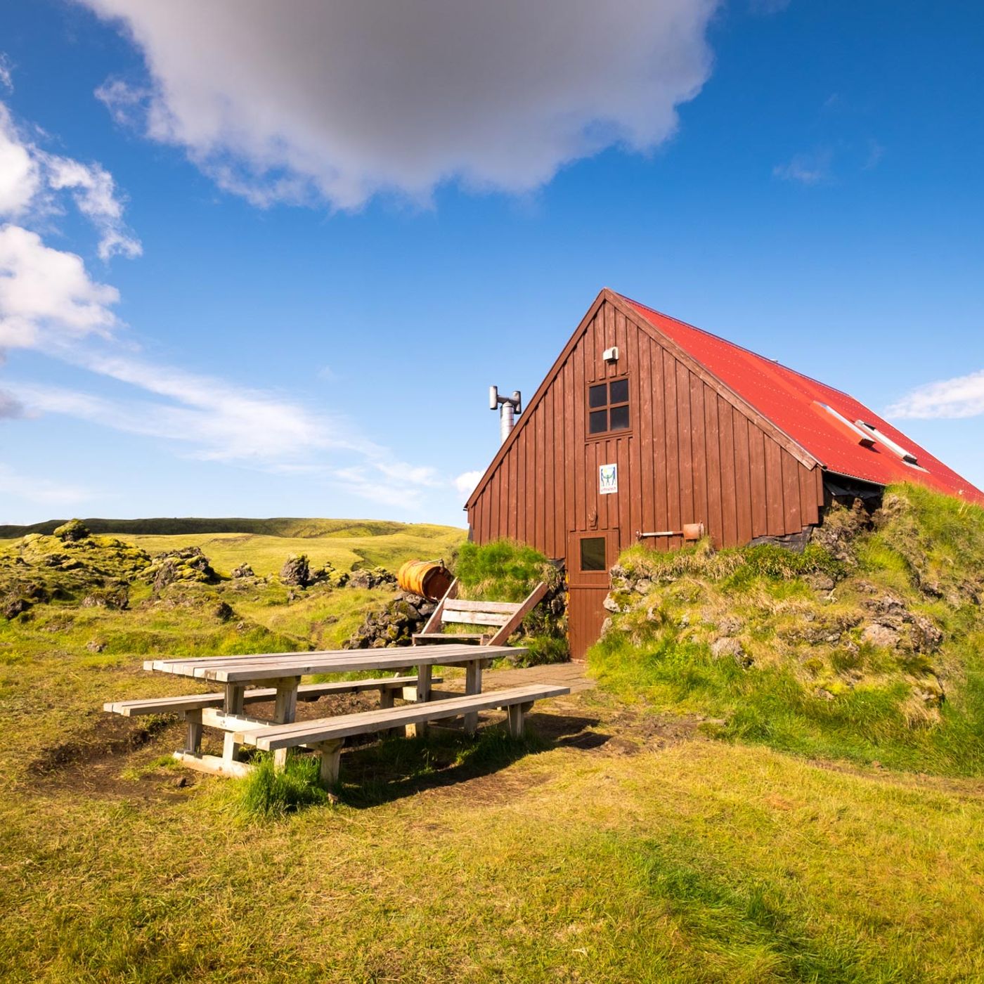 Strútur mountain hut in the Icelandic highlands summer landscape