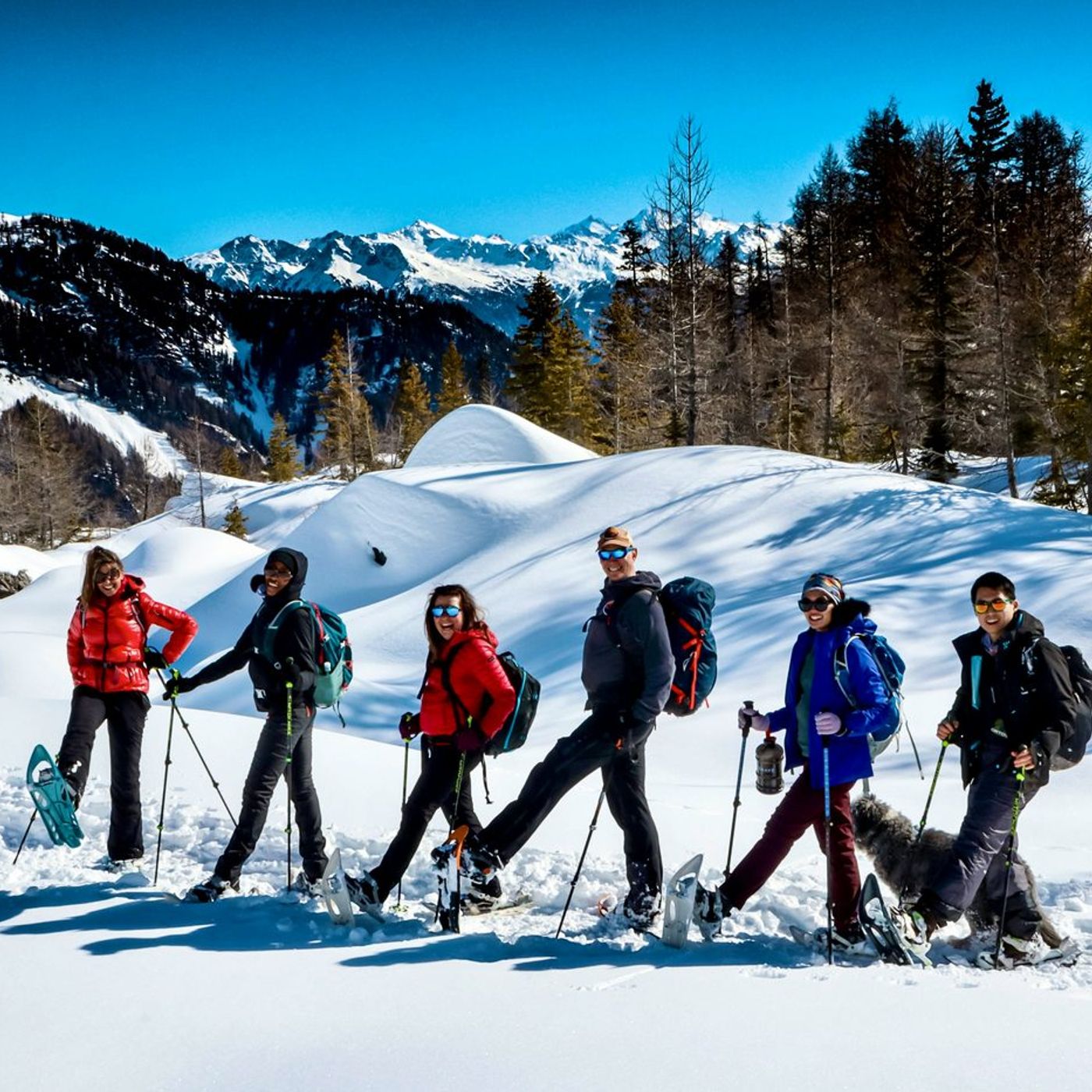 Group snowshoeing through a Swiss valley