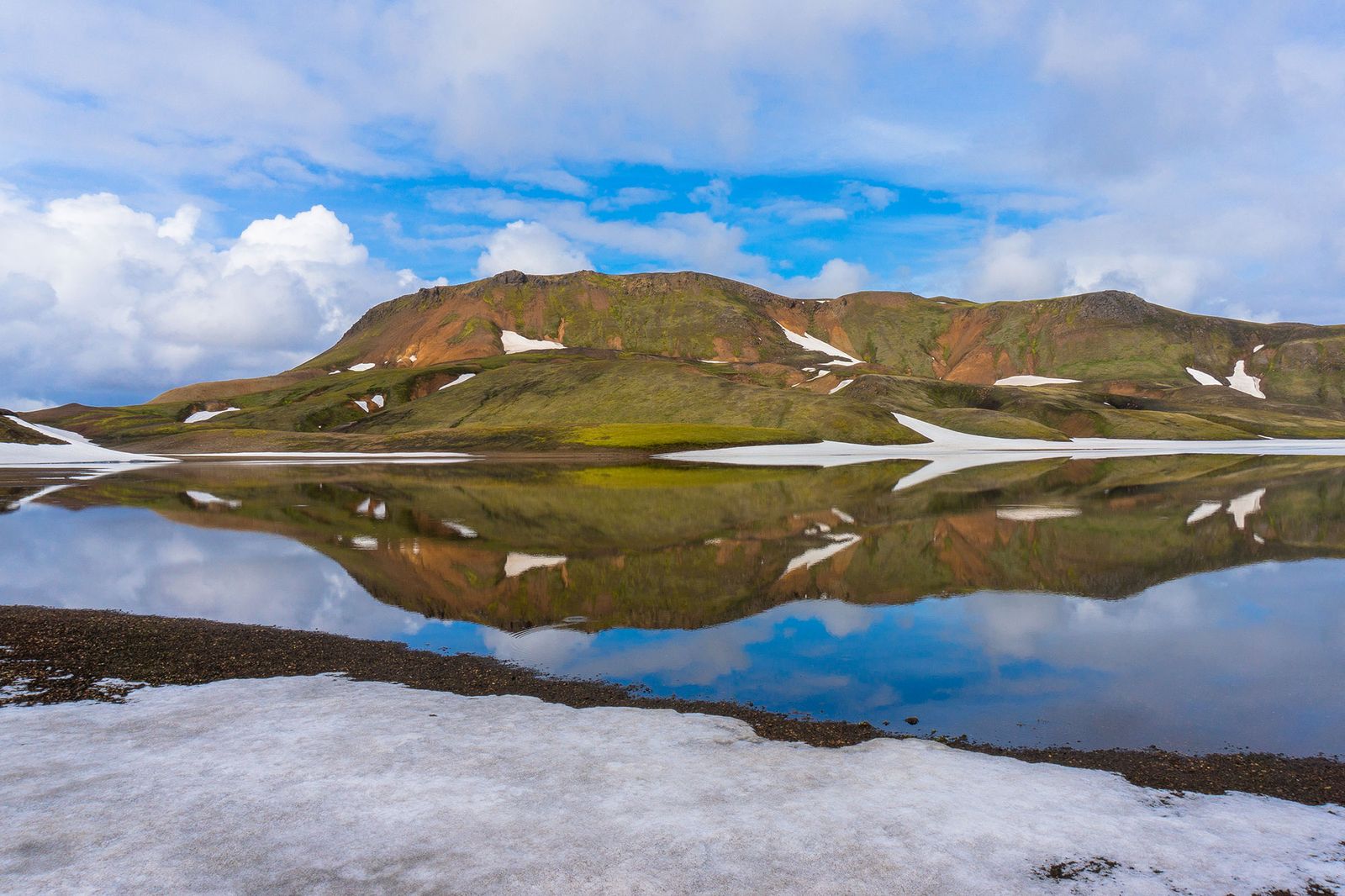 Landscape reflection with snow-capped hills