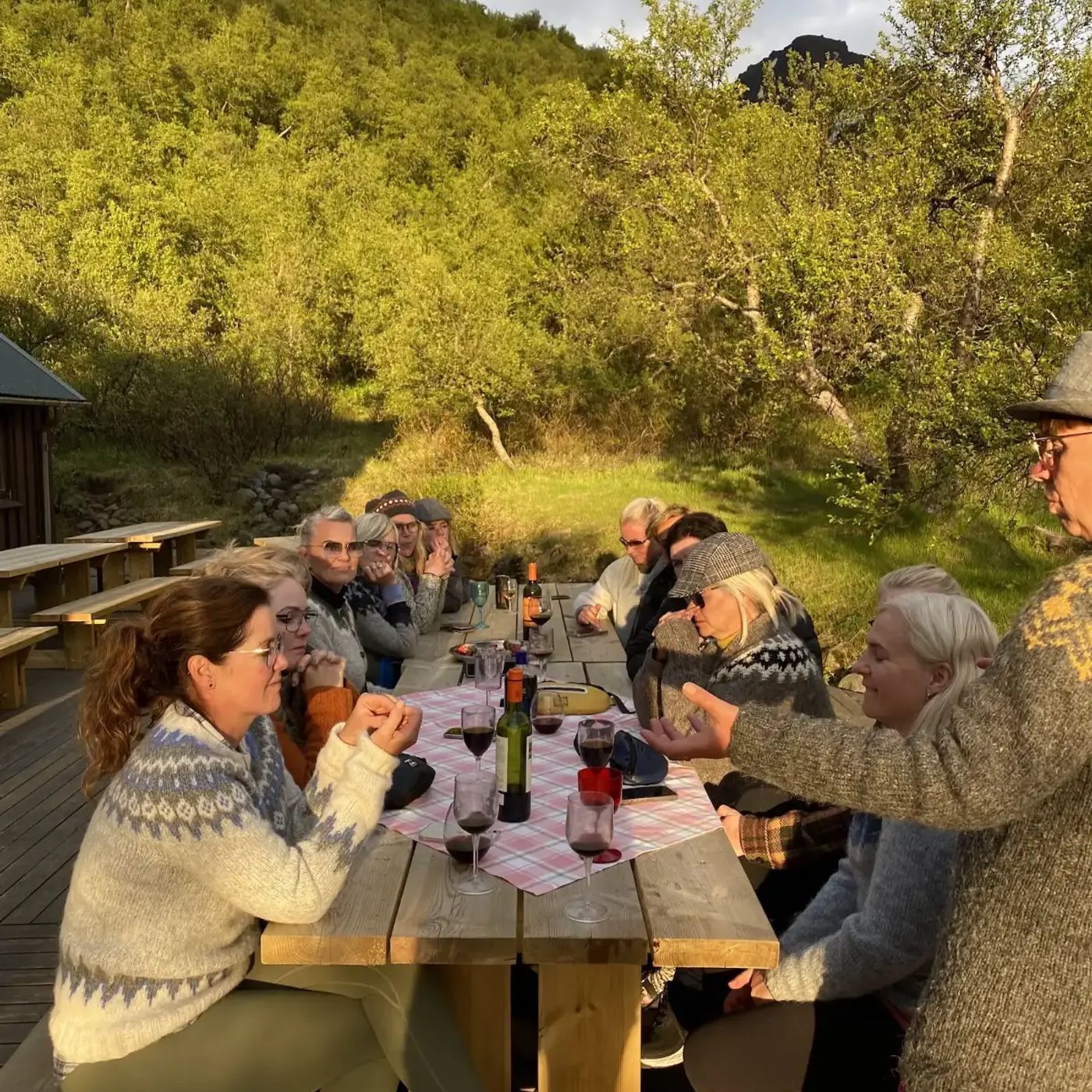 Thorsmork - group dinner outdoors sunset