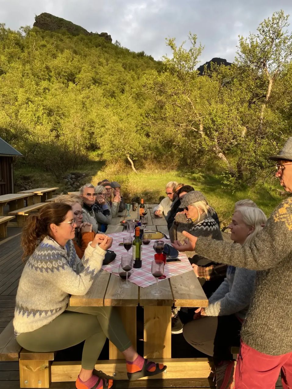 Thorsmork - group dinner outdoors sunset