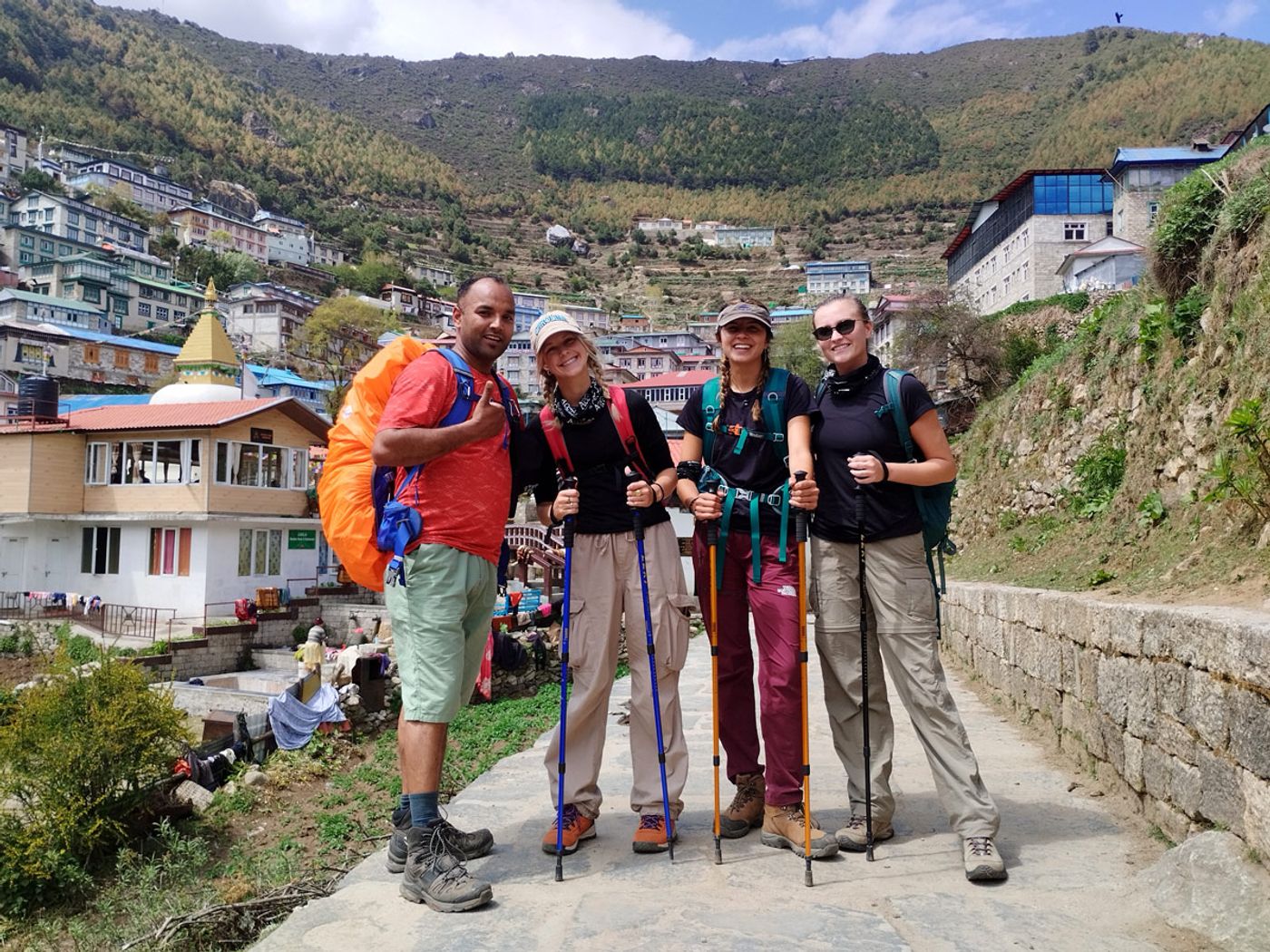 Happy hikers in Namche Bazaar