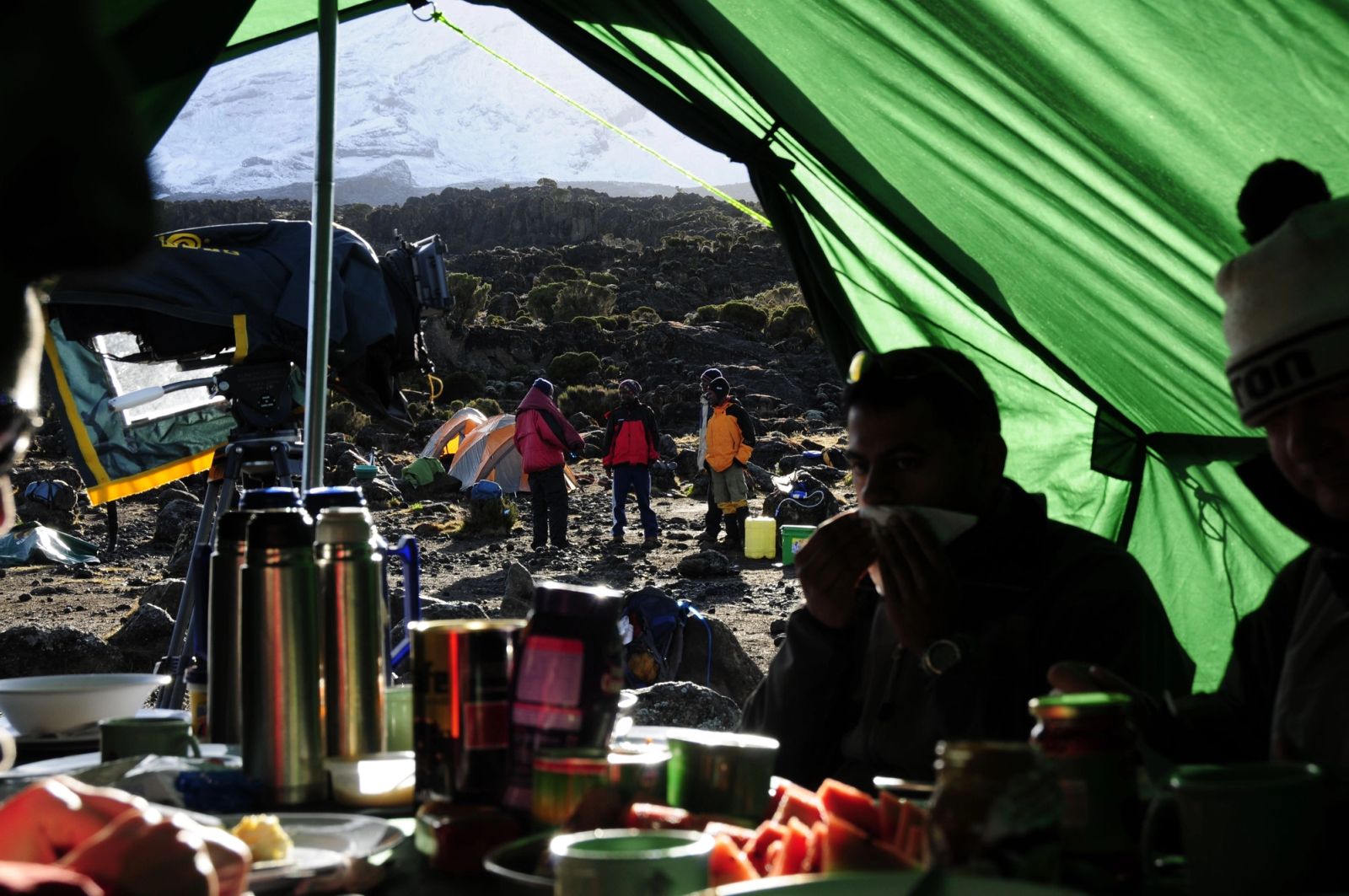 Mountain tent with view of Kilimanjaro at sunset