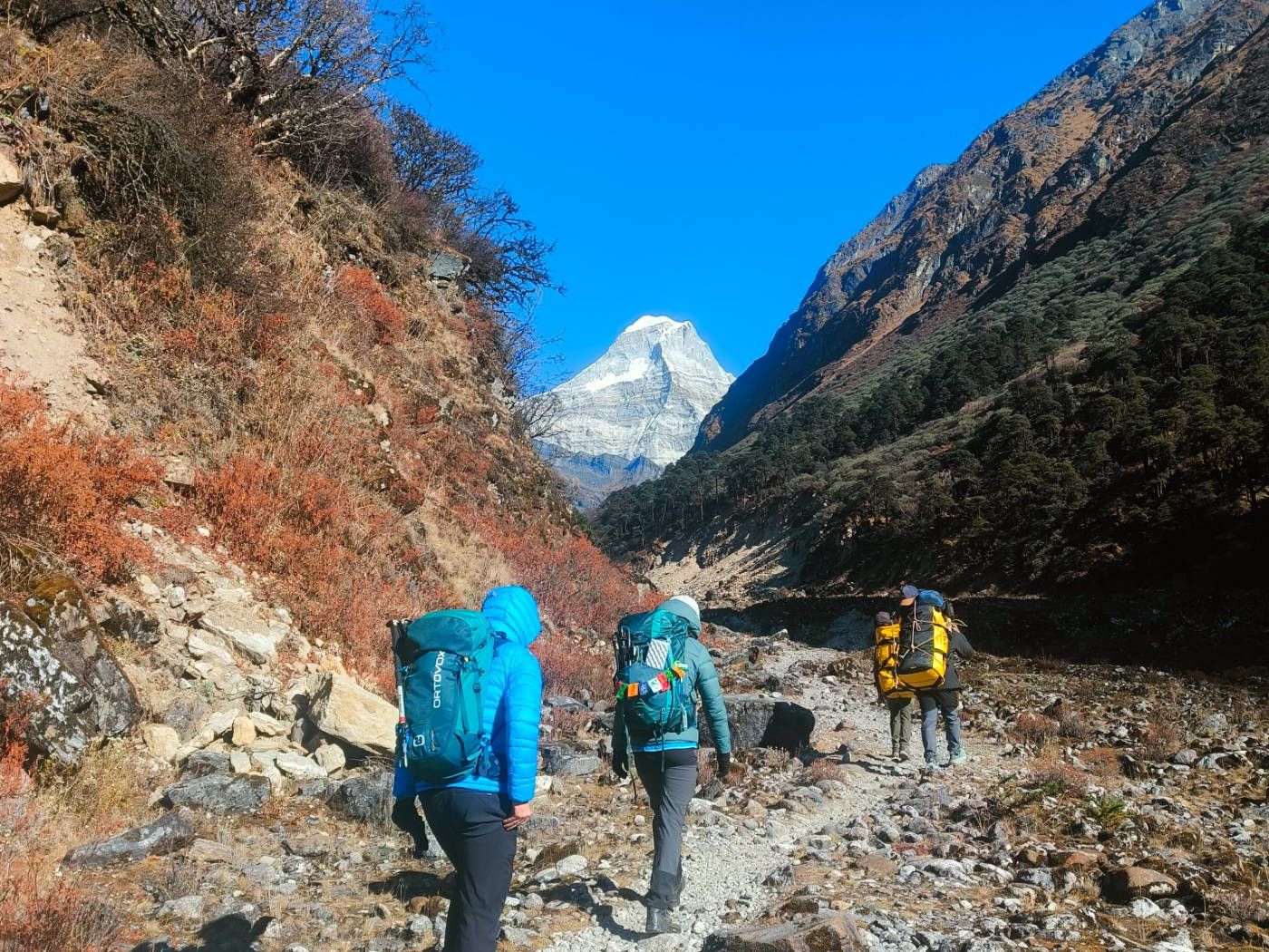 Hikers going up towards Mera Peak in background