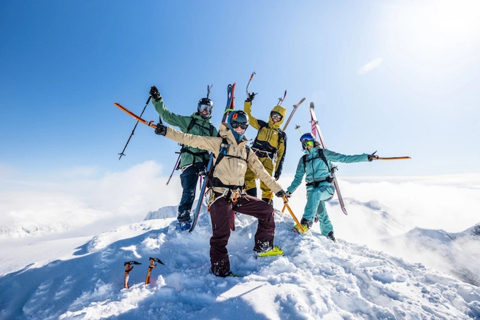 Happy ski touring group on mountain