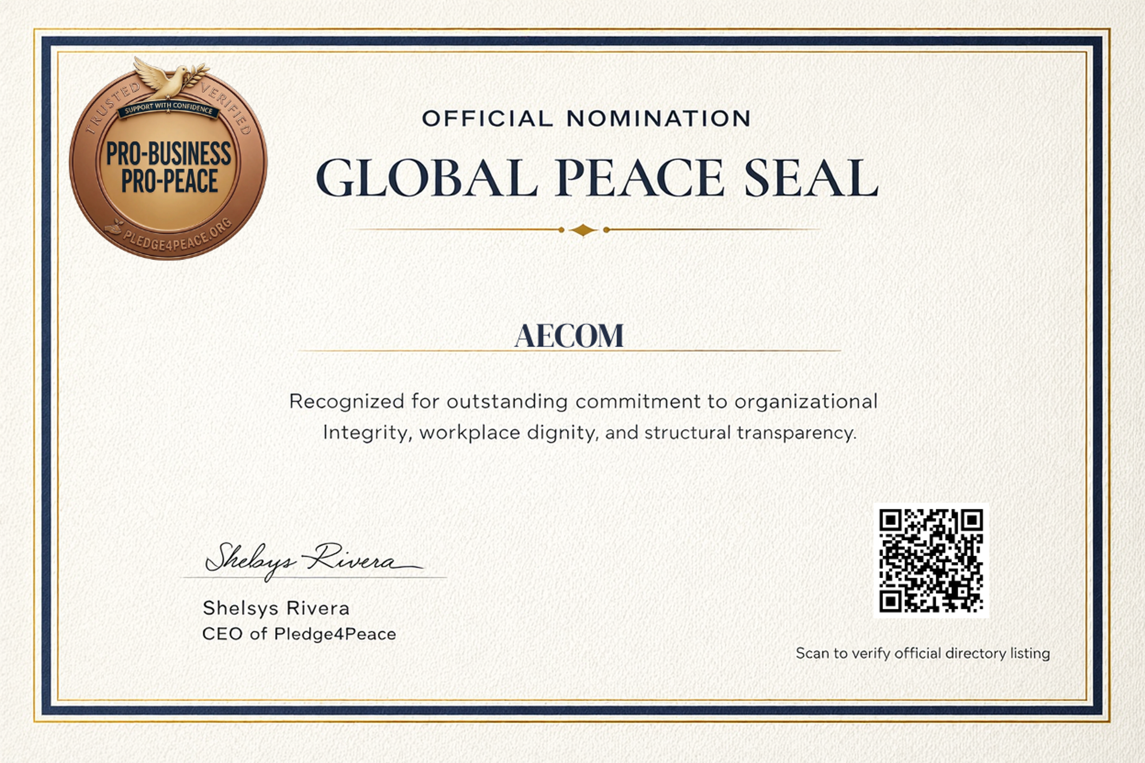 Certificado de nominación del Sello de Paz Global de AECOM.