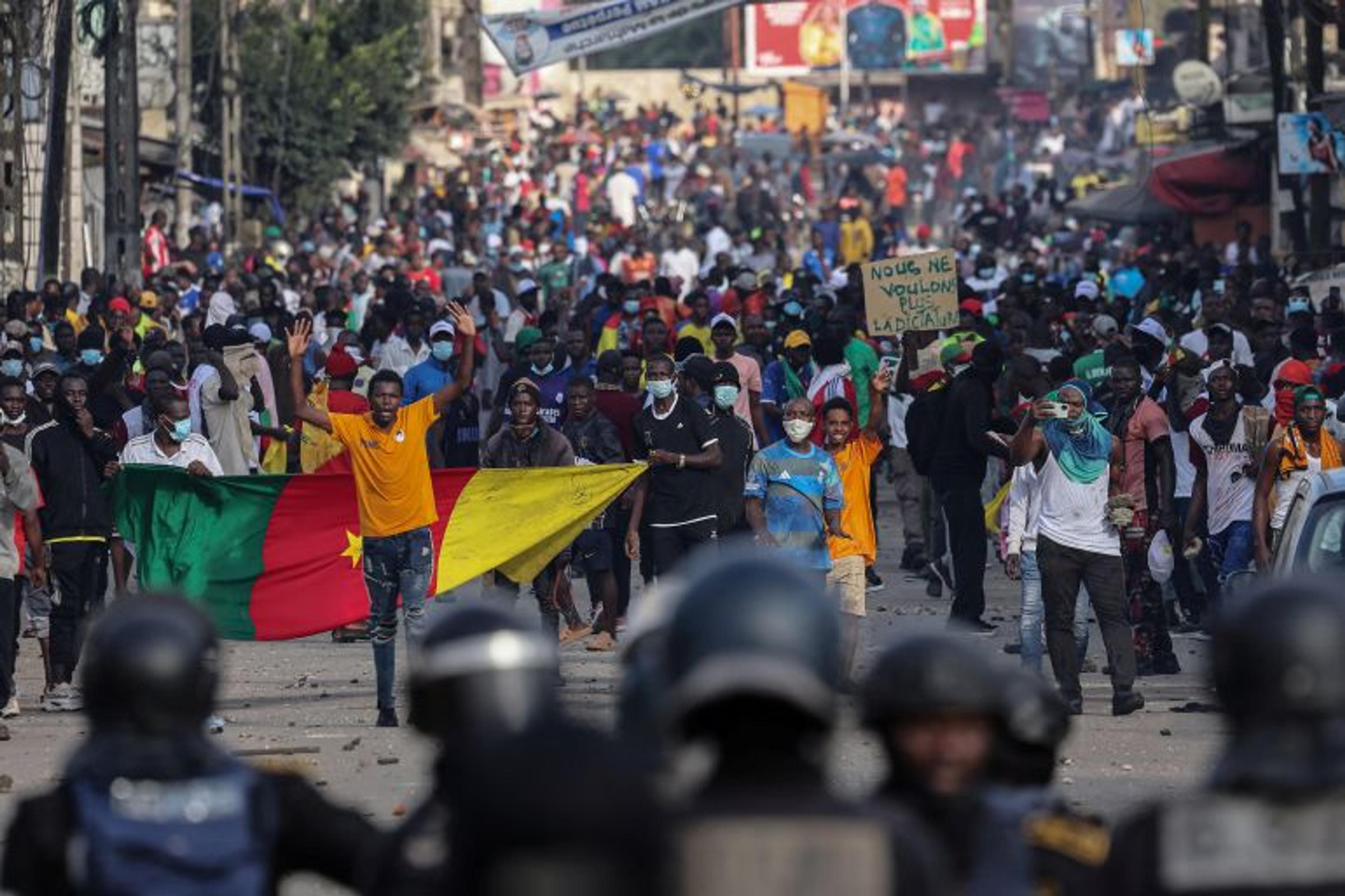 Protesters march in Douala after Cameroon’s disputed 2025 election.