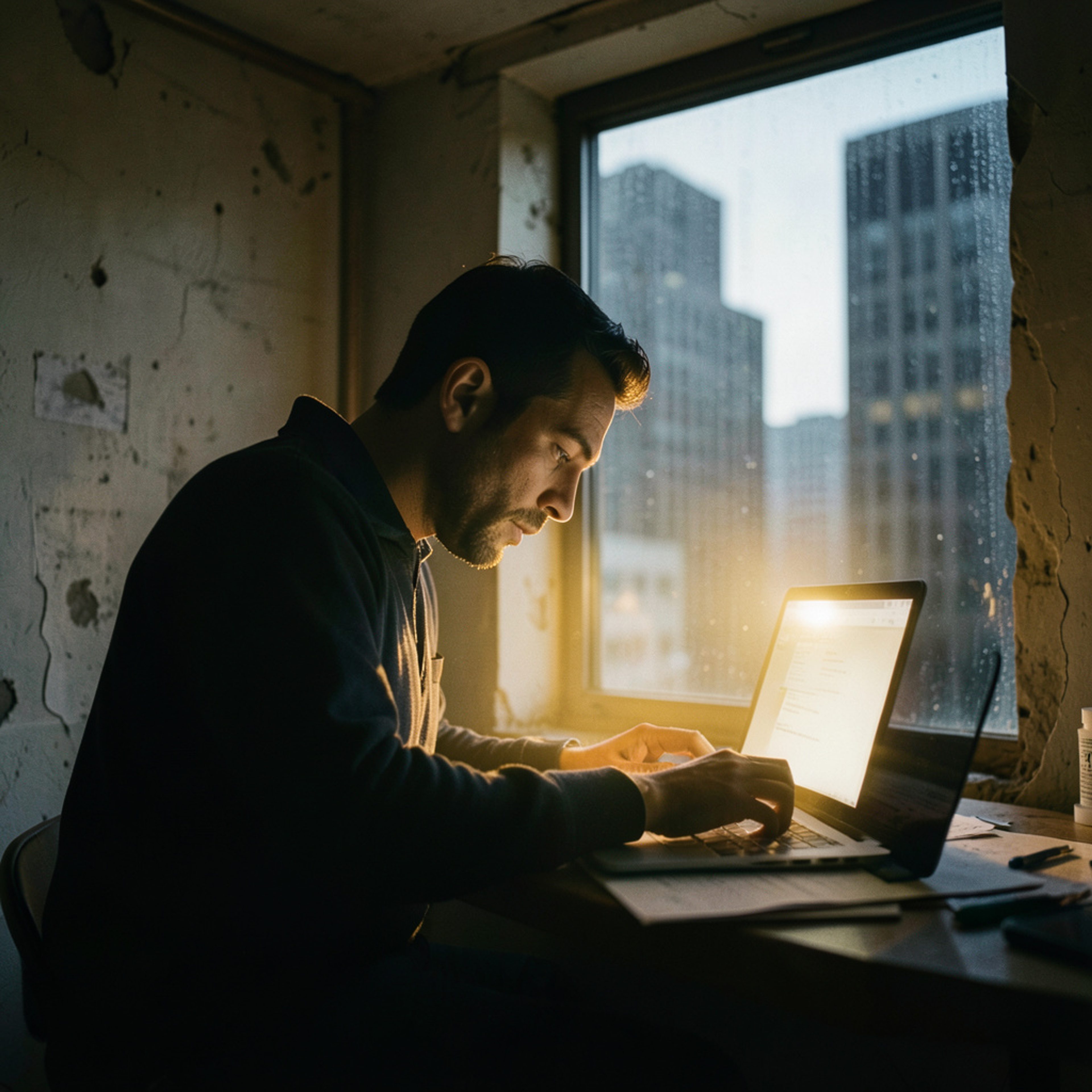 Journalist working late on a laptop during the independent media funding crisis.