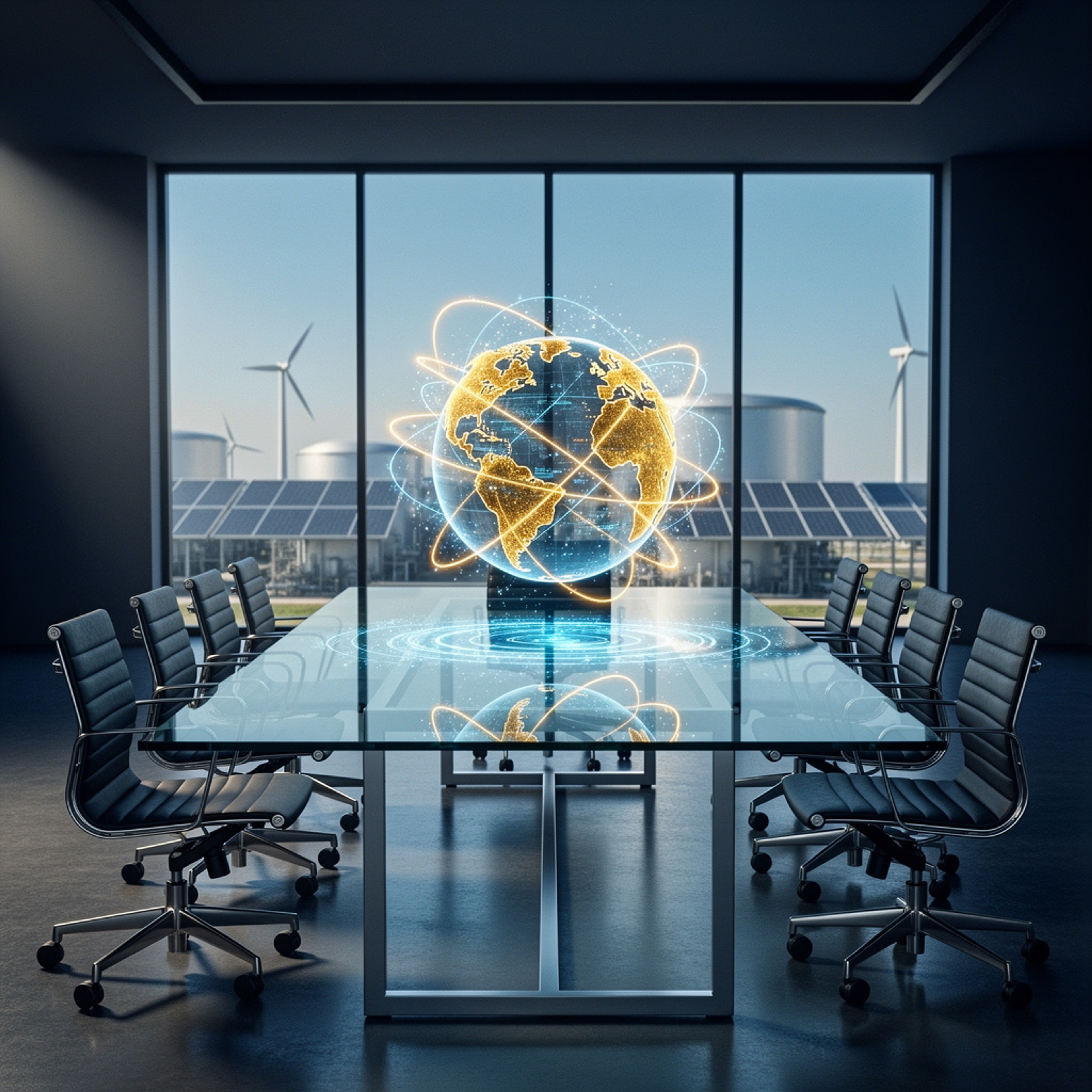Sala de juntas corporativa con un holograma de la Tierra que muestra negocios globales y sostenibilidad.