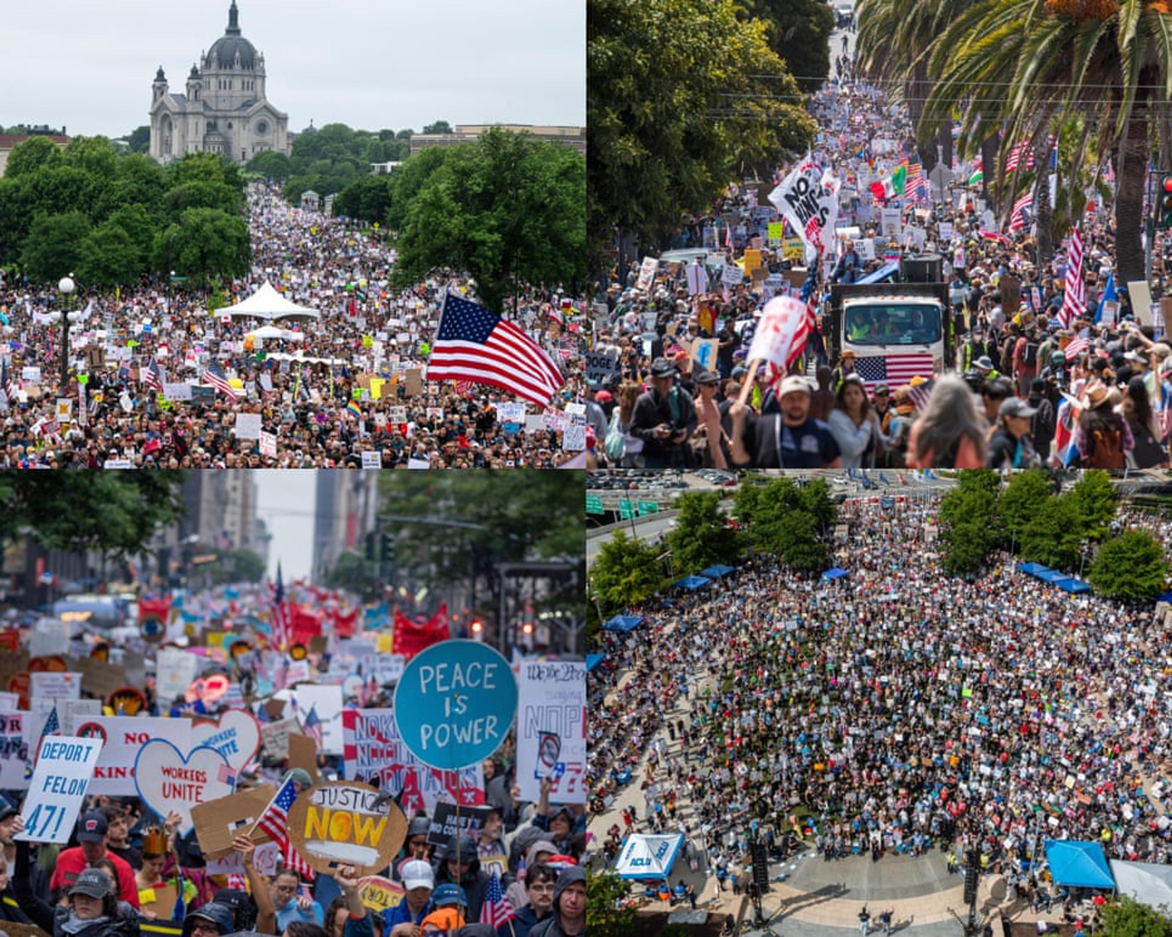 Des foules manifestant dans les villes américaines tenant des pancartes et des drapeaux.