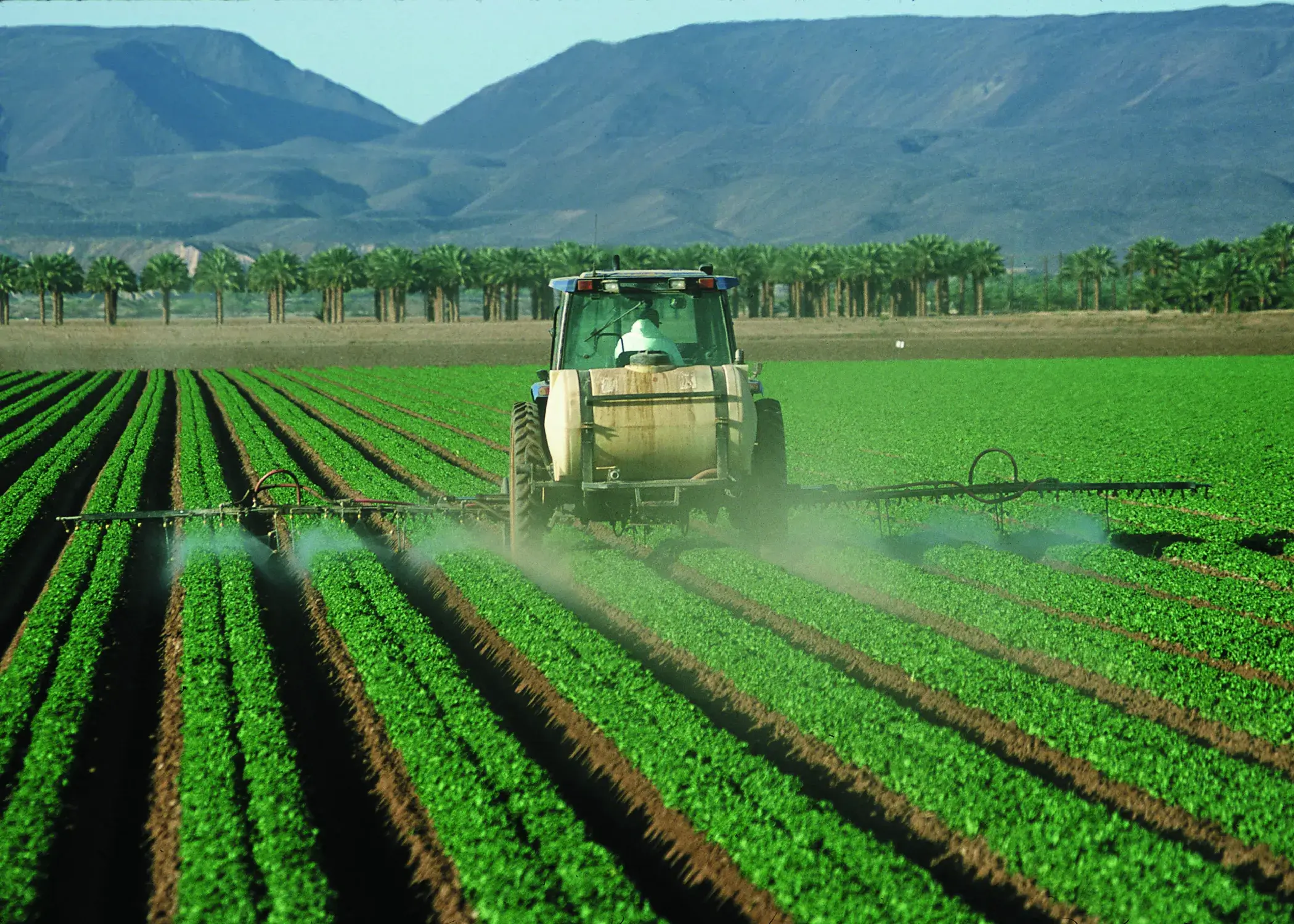 Tractor spraying crops in a green agricultural field with mountains in the background.