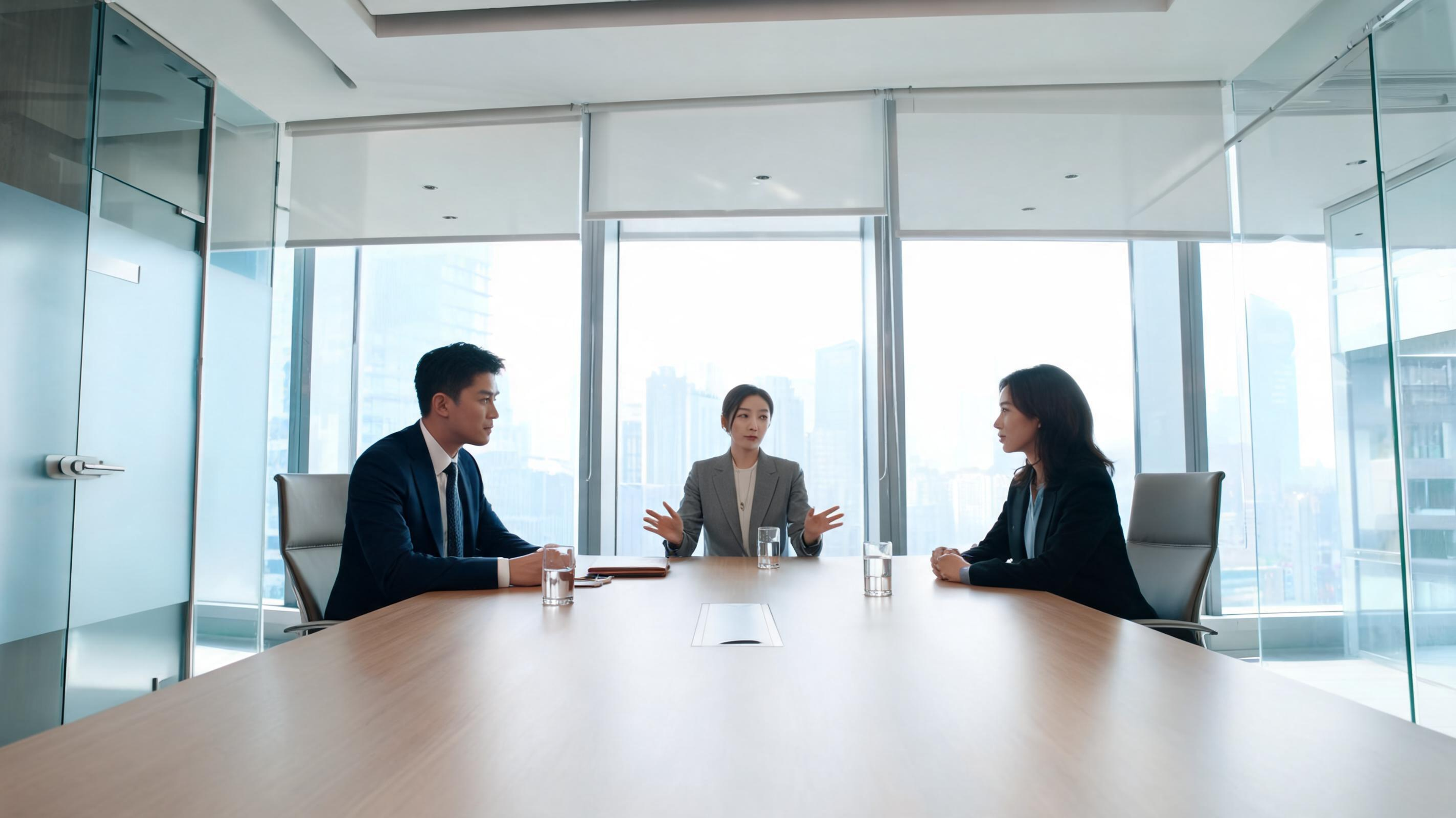 Business professionals discussing workplace conflict resolution in a modern conference room.