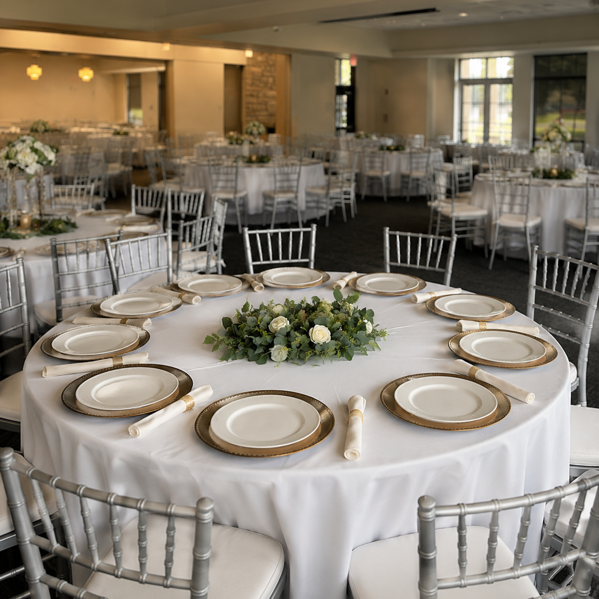 Round tables with gold chargers and silver chiavari chairs