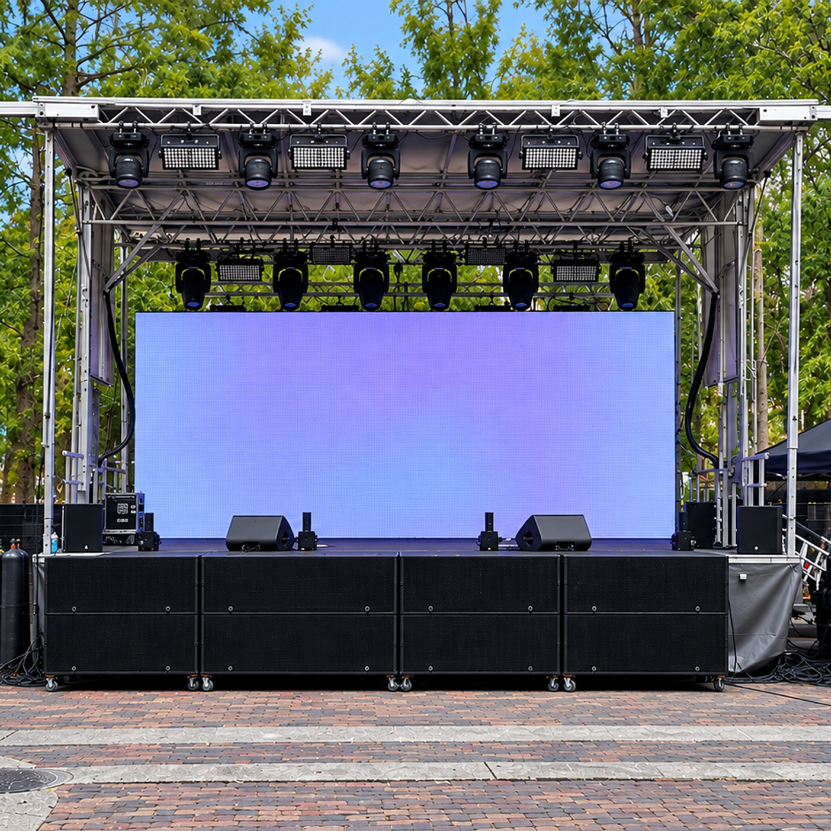 Mobile stage with LED video wall, line array sound and DMX-controlled lighting